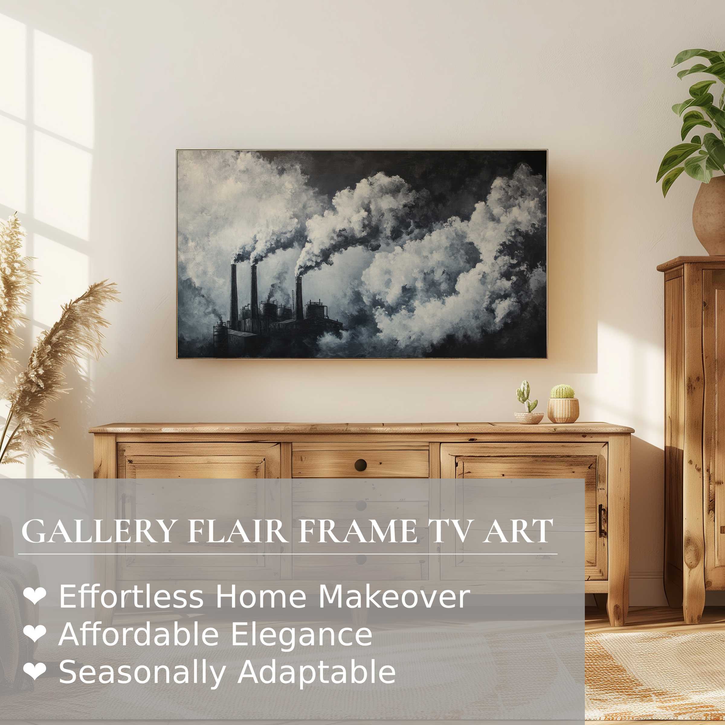 Samsung Frame TV displays moody street art digital artwork of smoky industrial chimneys in a chic, modern living room