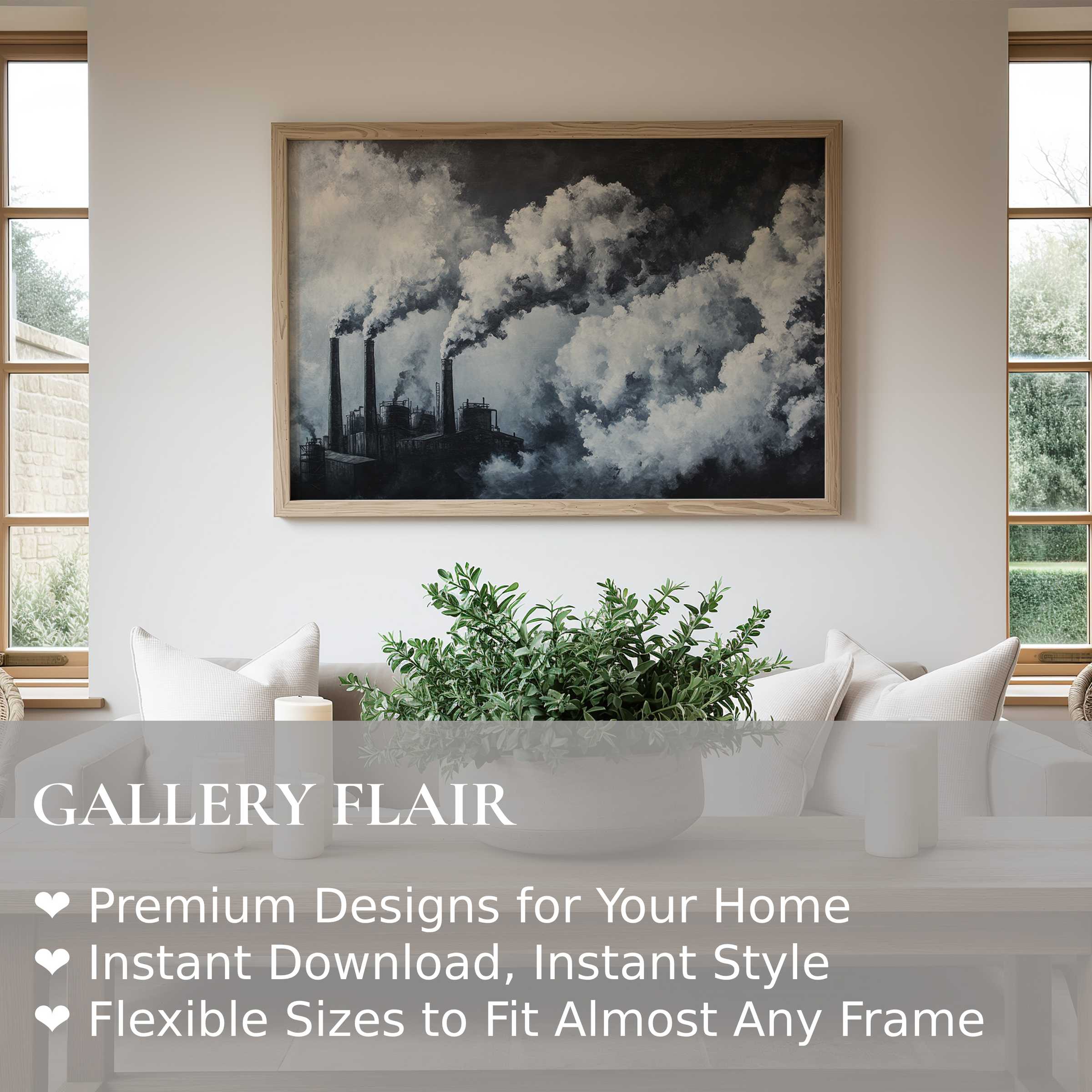 Bold street art wall art print depicting industrial smoke clouds, adding dramatic urban edge to minimalist modern interiors