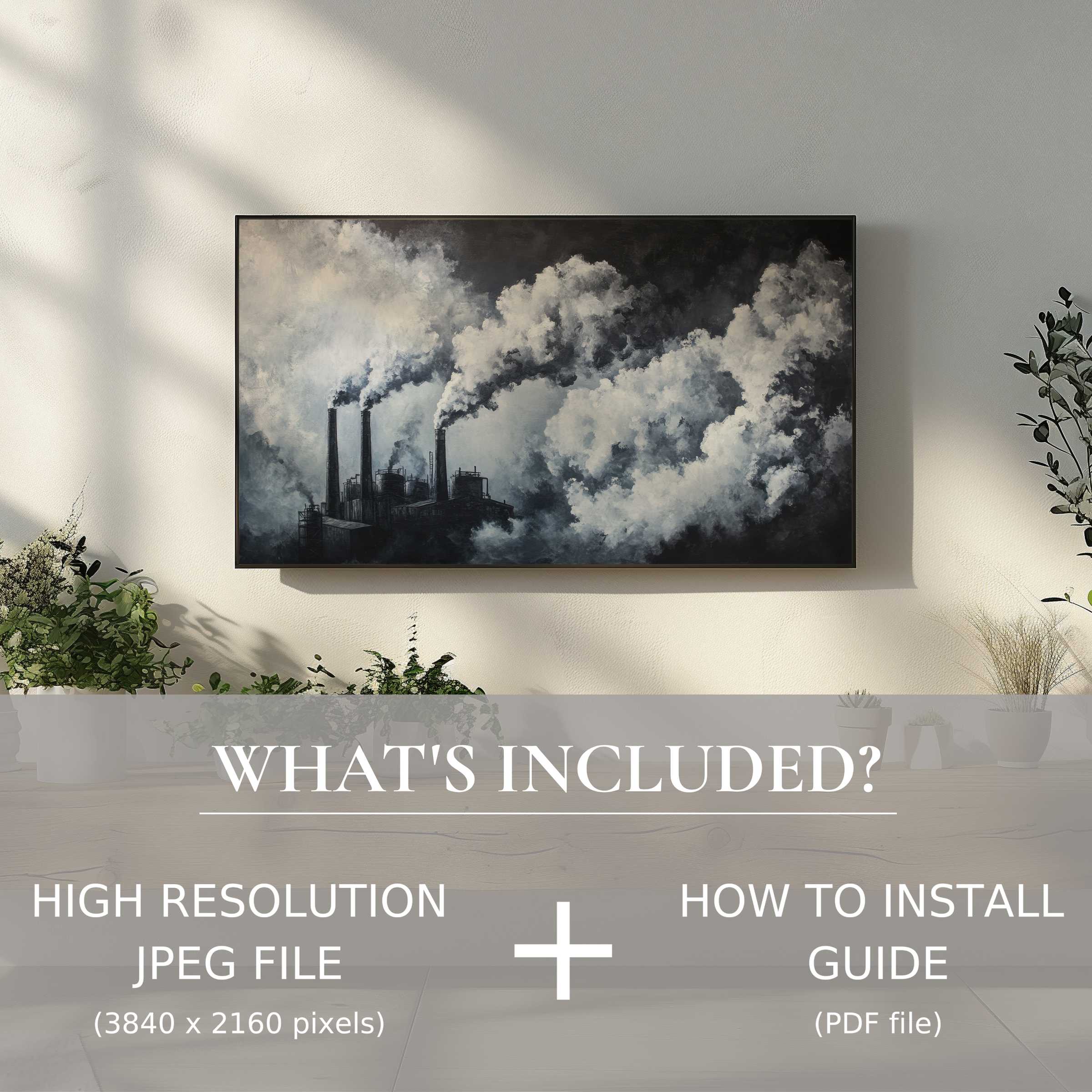 Elegant street art digital TV art download enhances living space with easy digital use, showcasing moody industrial smoke scene