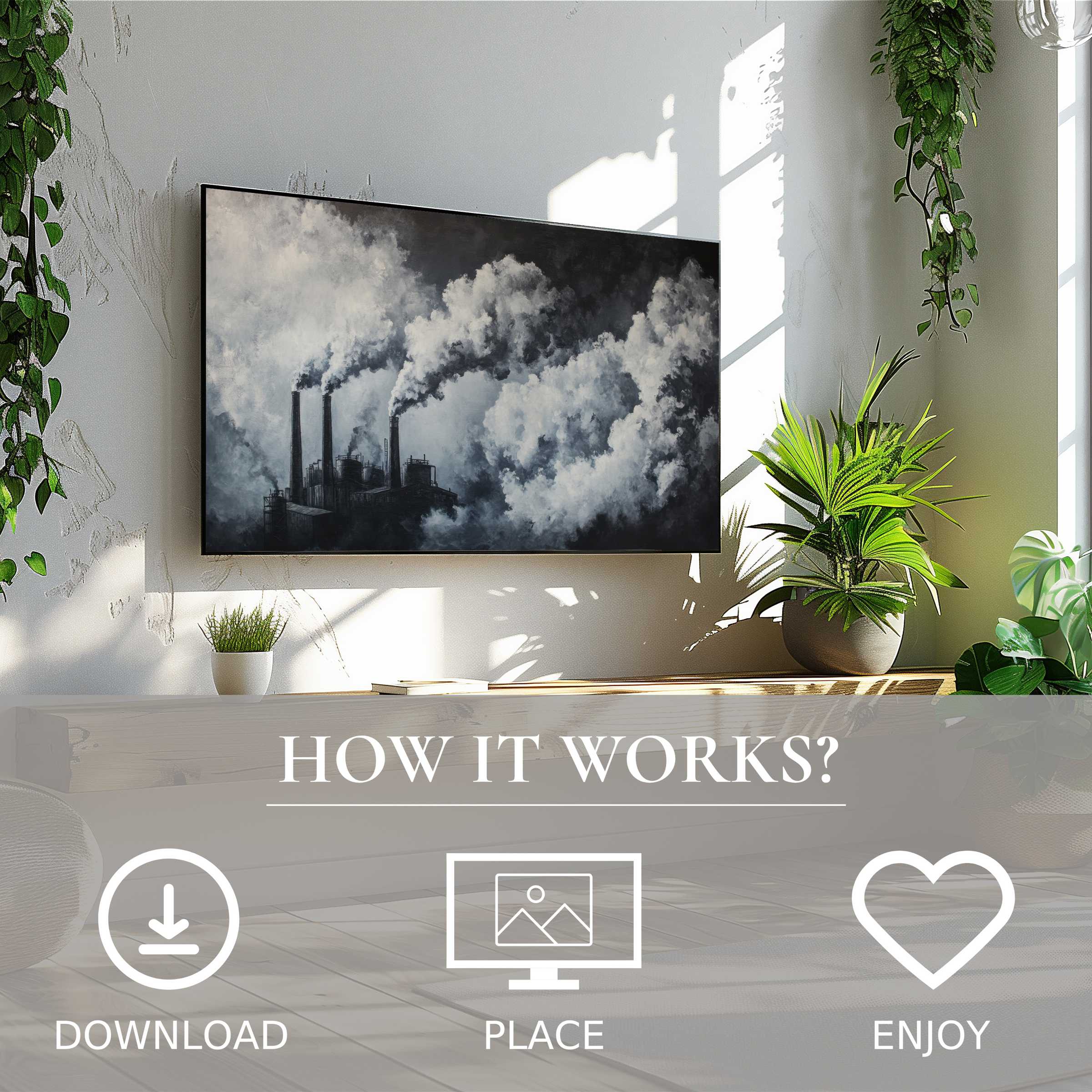 Modern living room with street art for Samsung TV; easy digital download shows smoky industrial motif enriching space