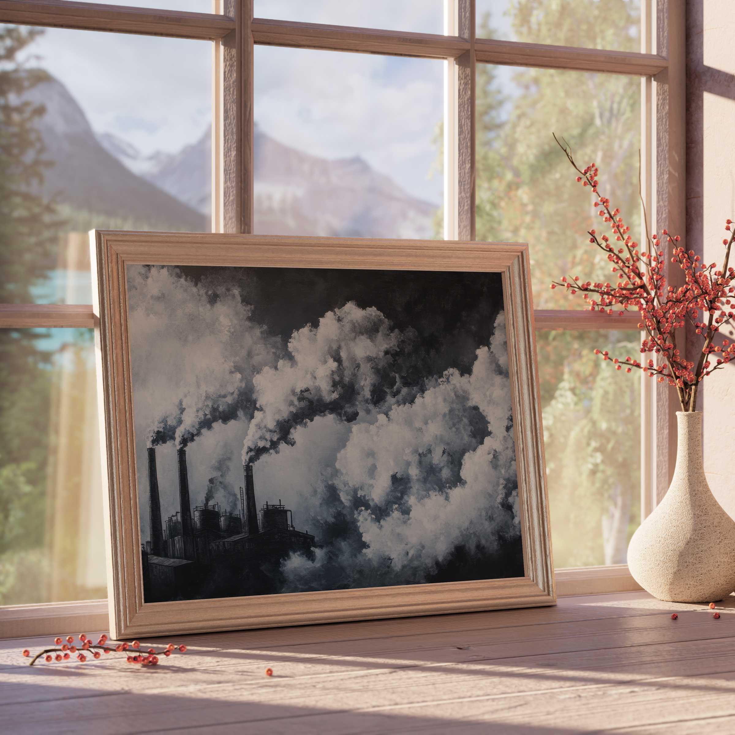 Moody street art downloadable art capturing industrial smoke clouds, elevating chic, contemplative interiors with design-forward urban edge