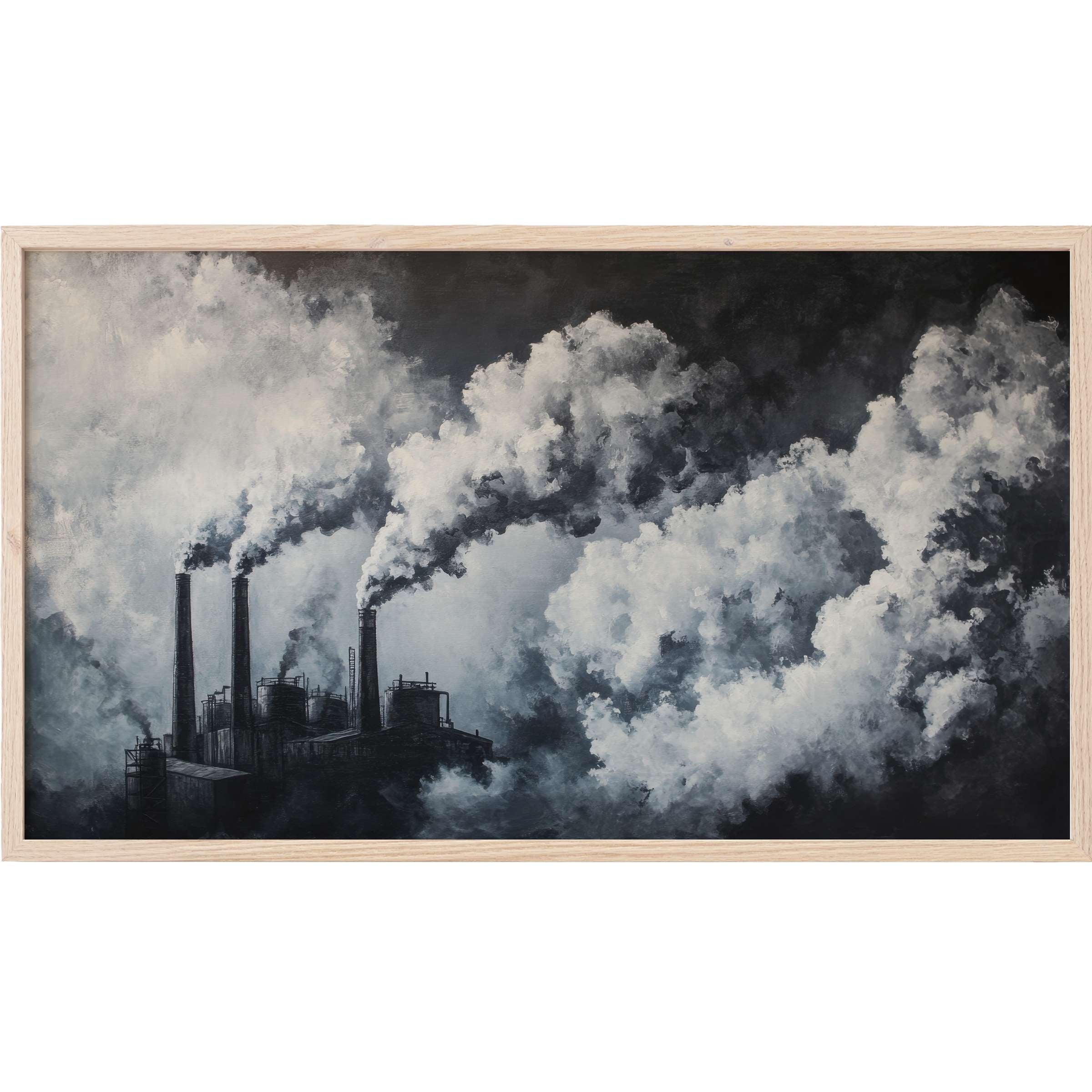 Moody industrial scene with dramatic charcoal and white smoke clouds, a striking street art Frame TV Art piece