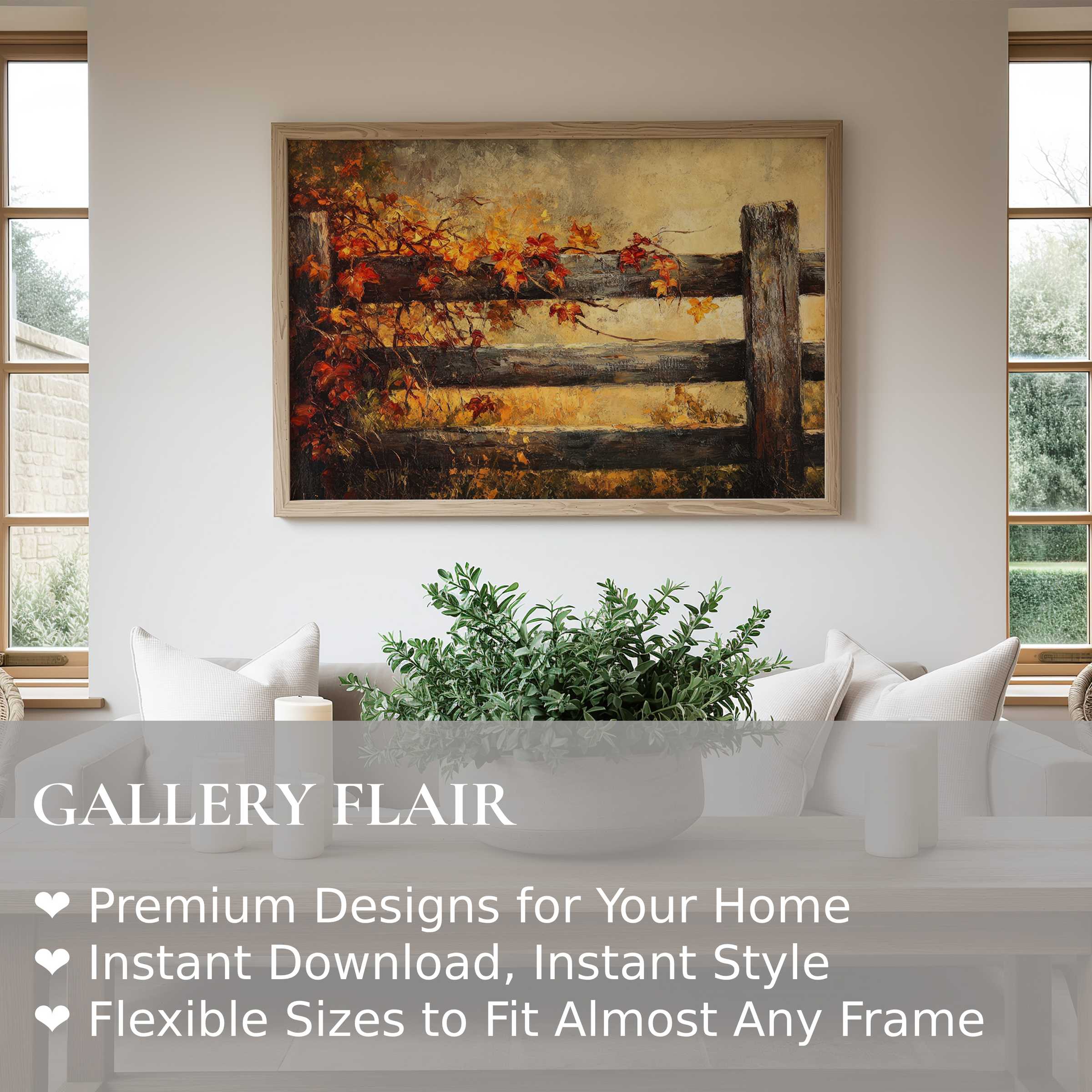 Fall wall art print featuring radiant autumn leaves on rustic wood fence, enriching modern minimalist interiors with warm, inviting charm