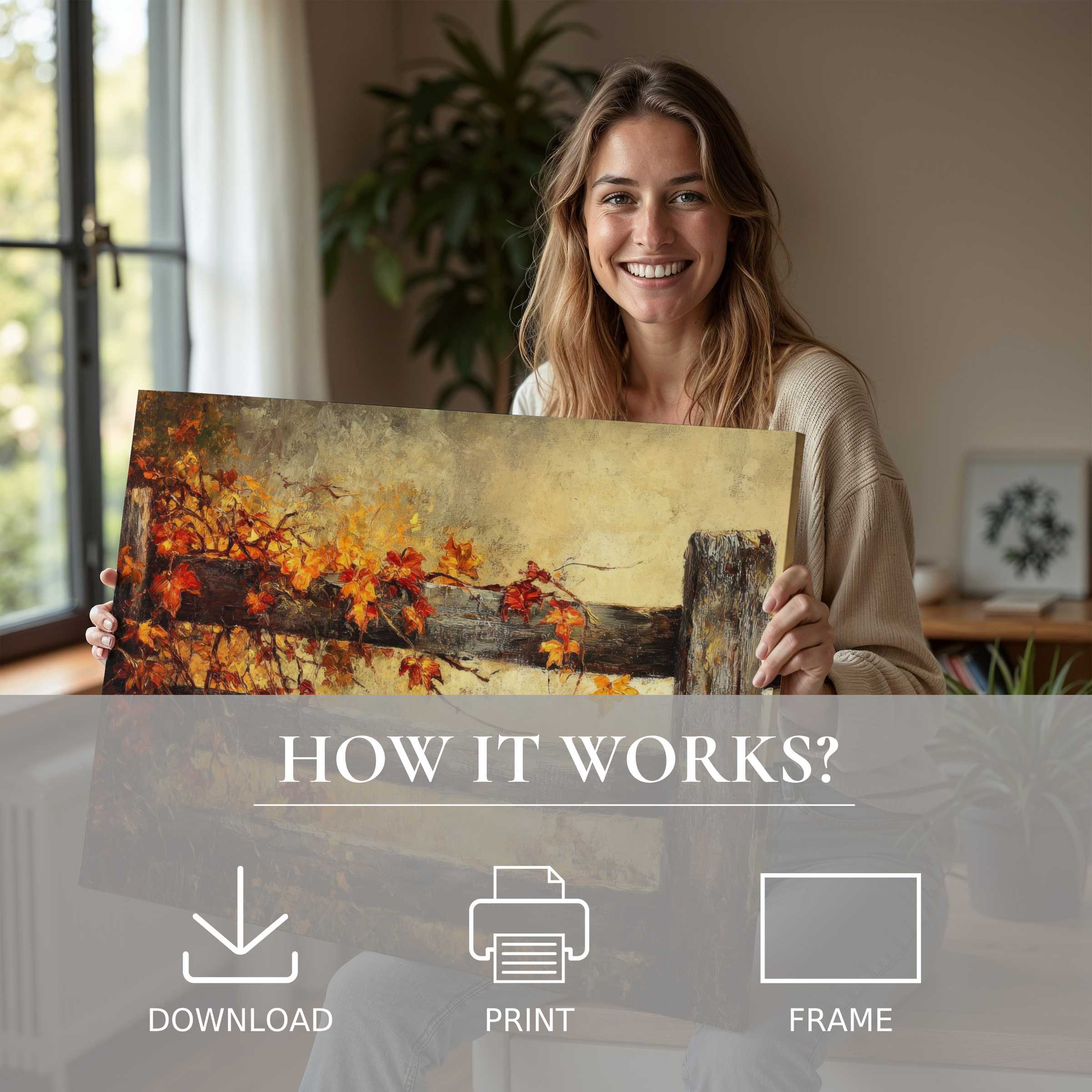Radiant fall digital art print brings warmth and joy, capturing a serene moment of effortless elegance in modern home decor