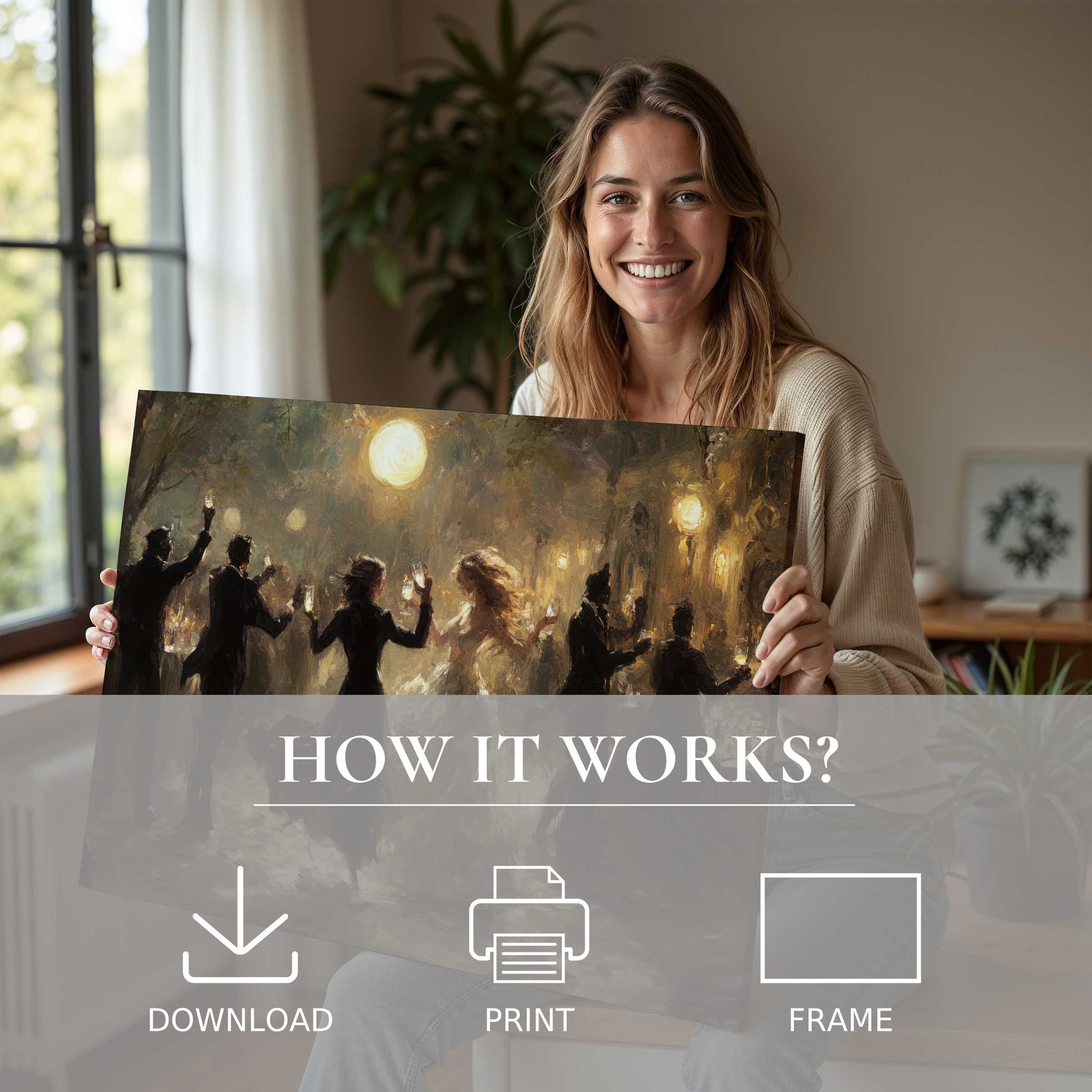 A joyful moment in a sunlit modern home, showcasing a warm-toned halloween digital art print that transforms living space