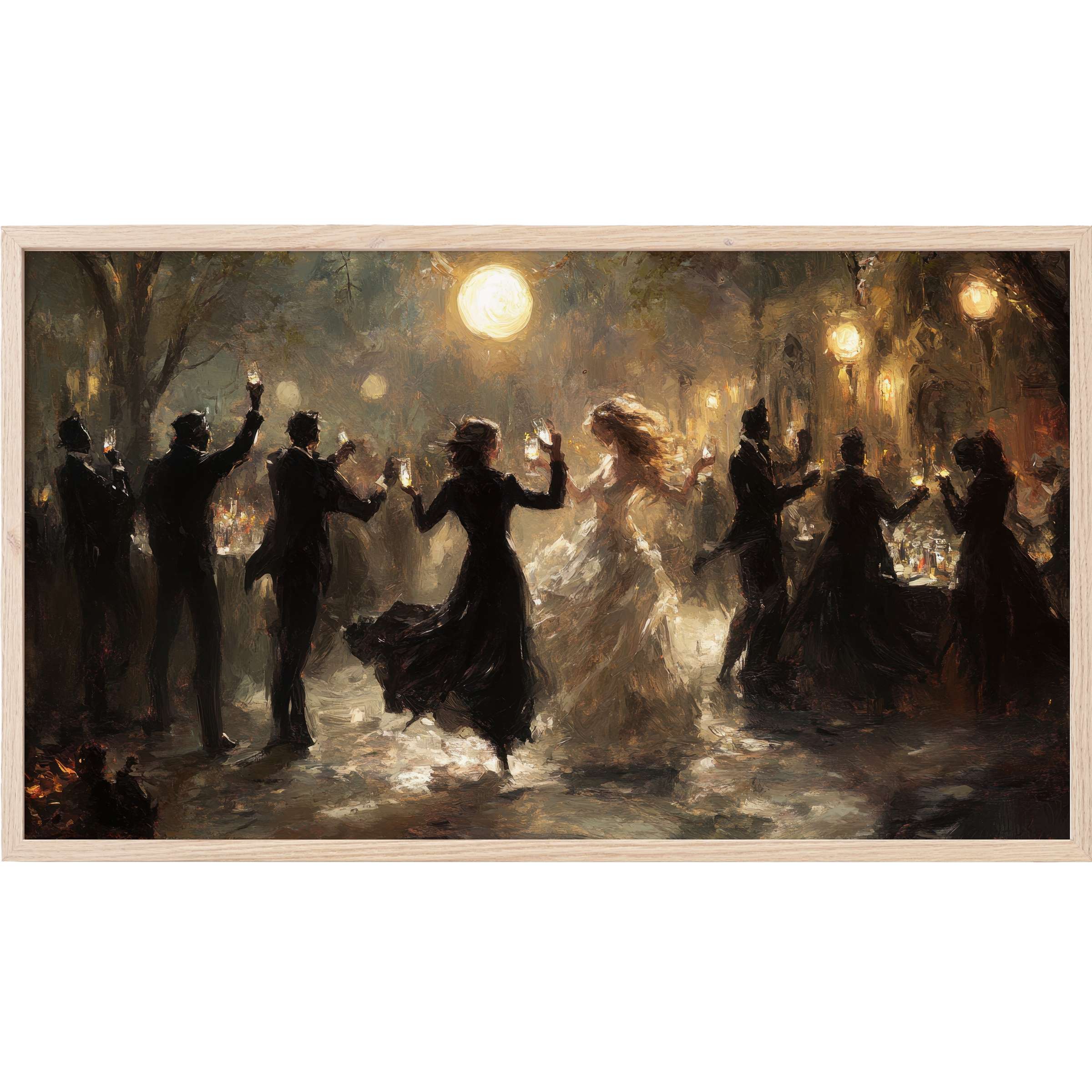 Ethereal moonlit dance scene in warm tones with flowing dresses, perfect for elegant halloween Frame TV Art decor