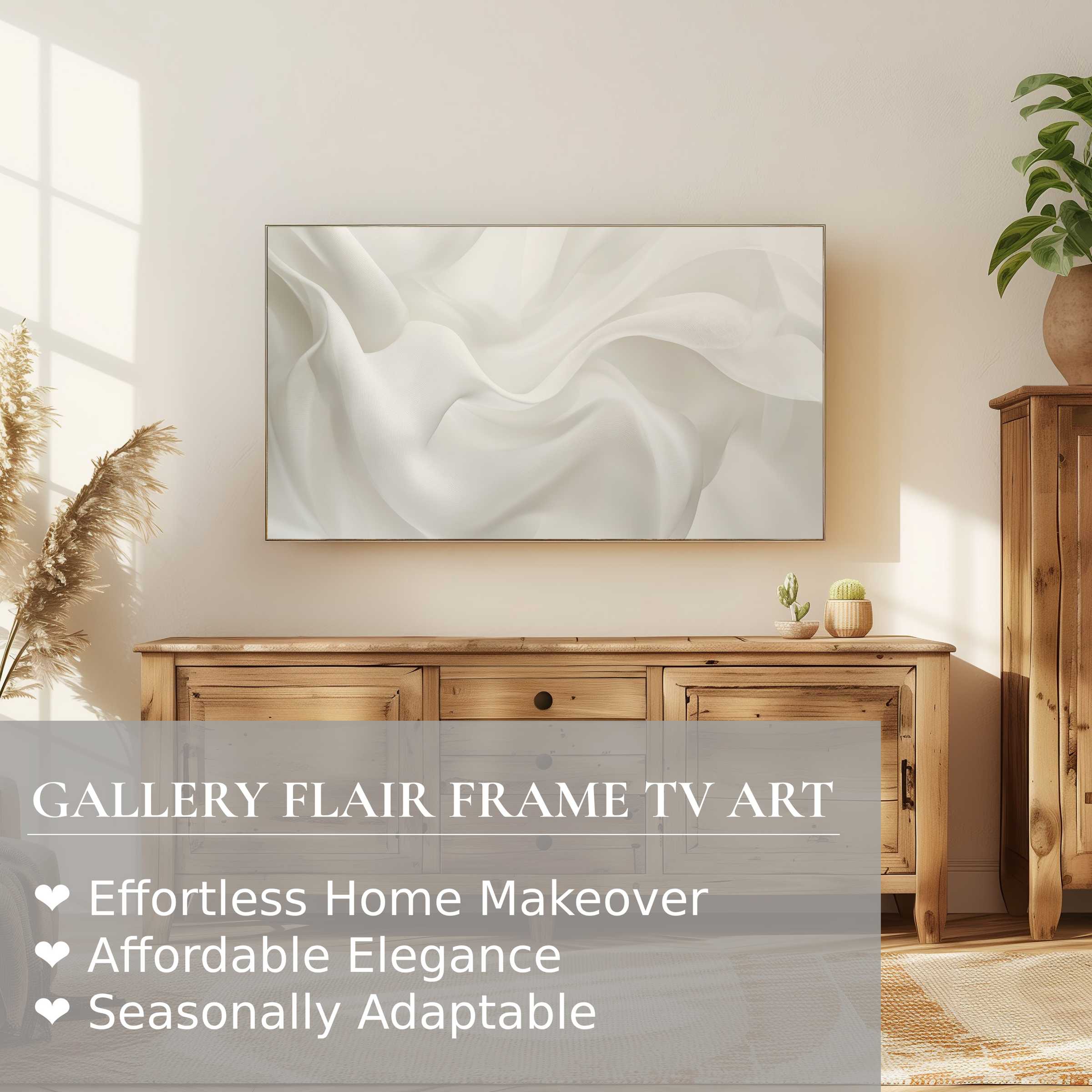 Samsung Frame TV displays soft, flowing abstract digital artwork in a warm, elegant, and modern living space