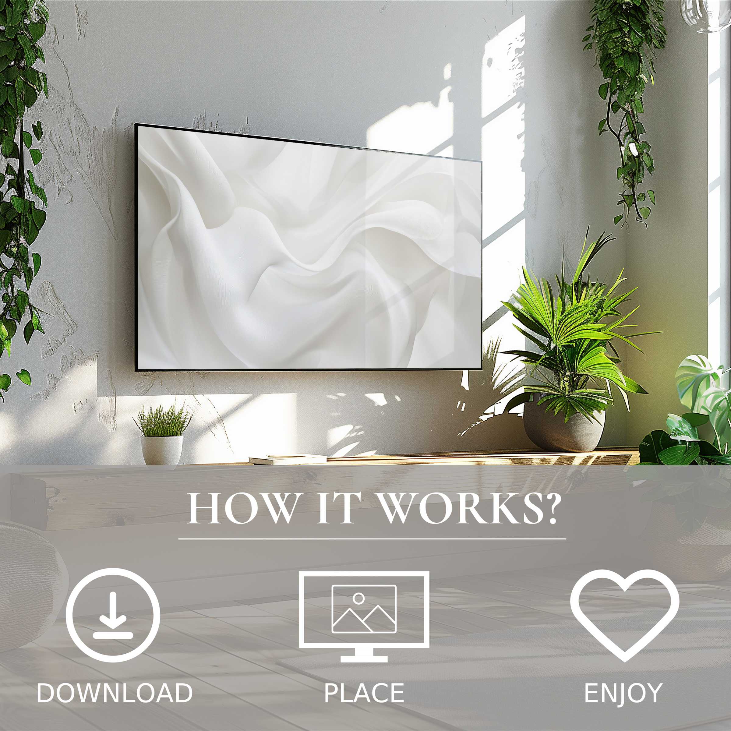 Abstract art for Samsung TV shows soft white fabric folds, easy digital download enriches sleek, modern living spaces