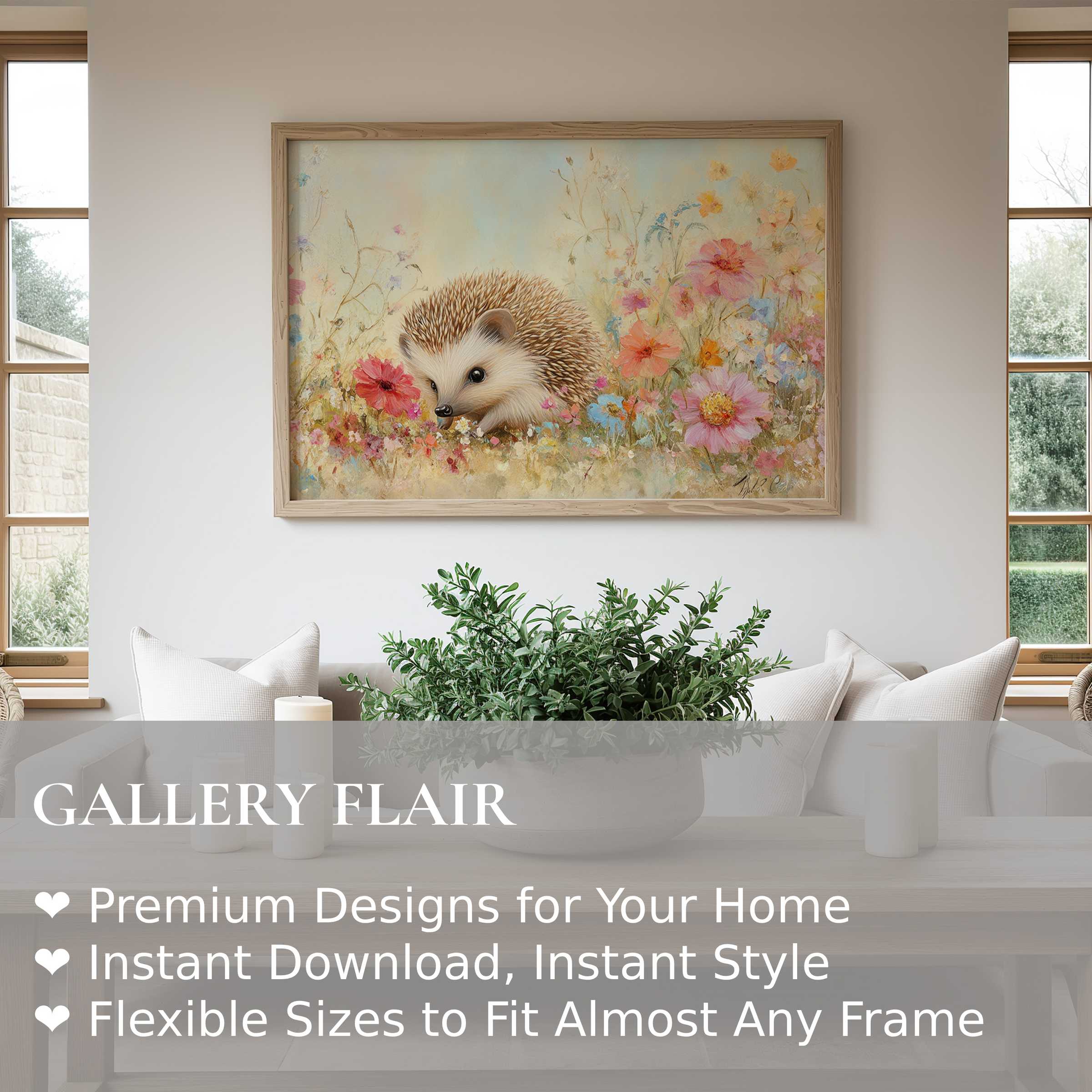 Charming nursery wall art print of a gentle hedgehog amid soft pastel wildflowers, enhancing serene, modern nursery decor