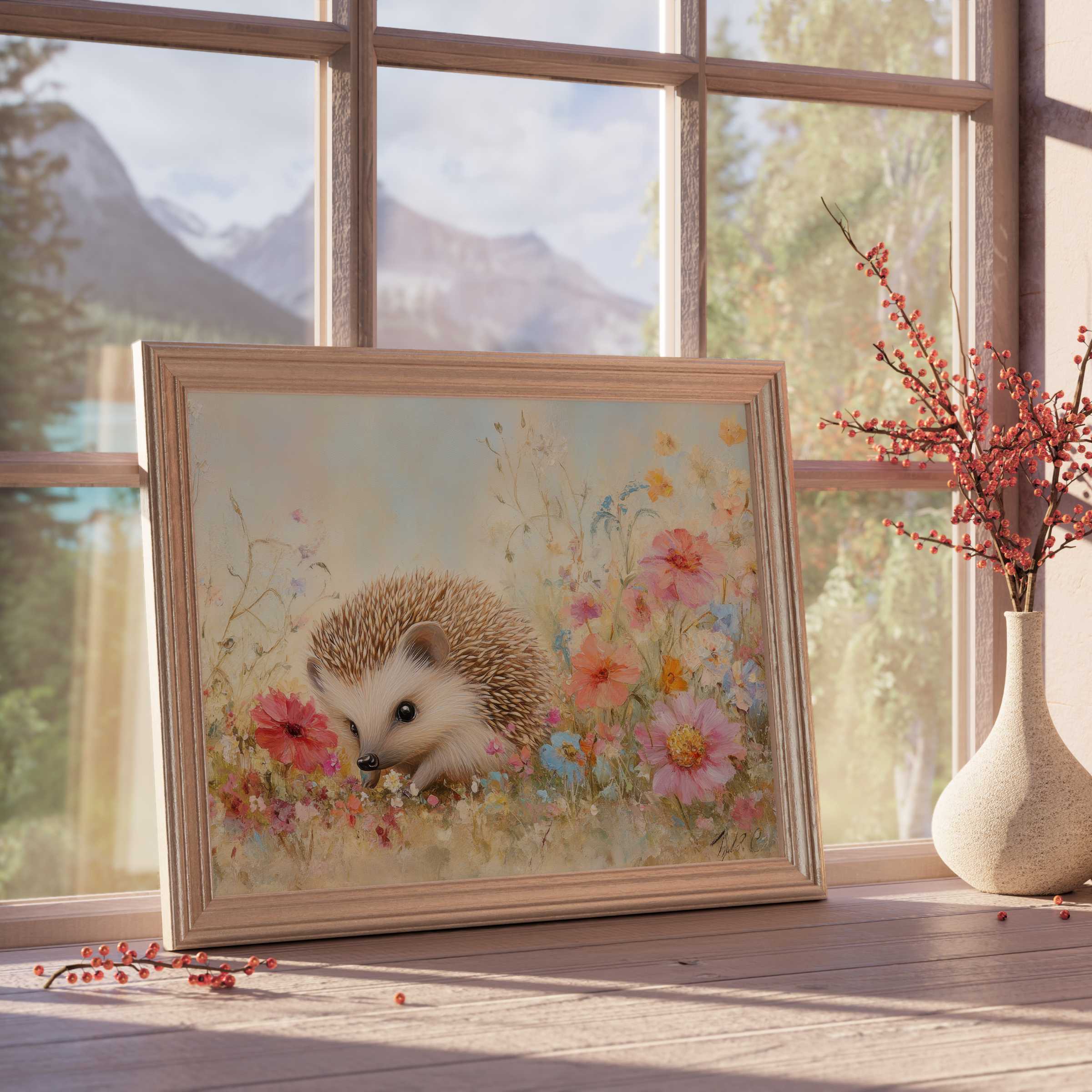 Nursery downloadable art featuring an enchanting hedgehog amidst pastel blooms, infusing serene, curated kids' rooms with warmth