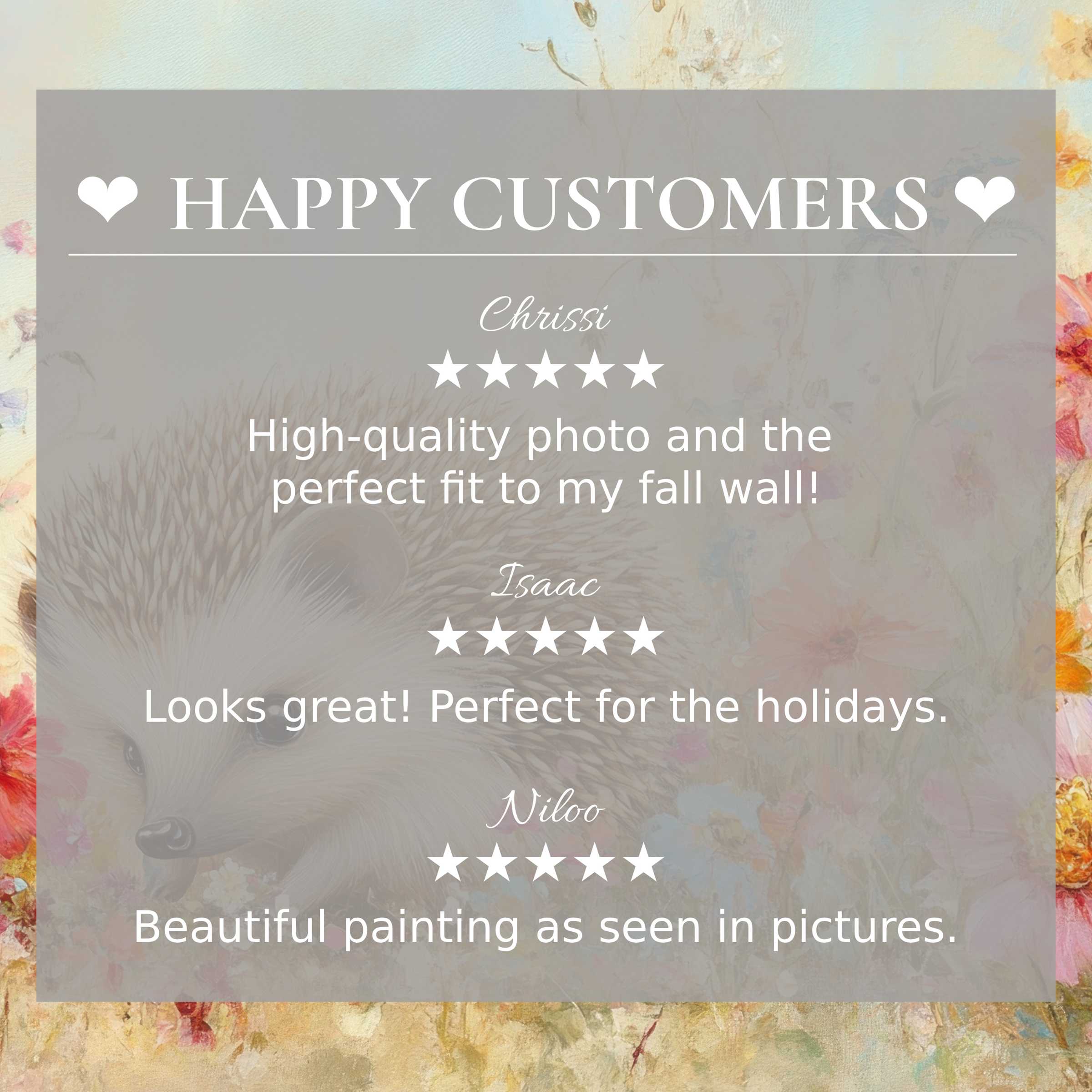 nursery art for Frame TV with soft floral background and hedgehog; happy customer reviews highlight trust and elegance