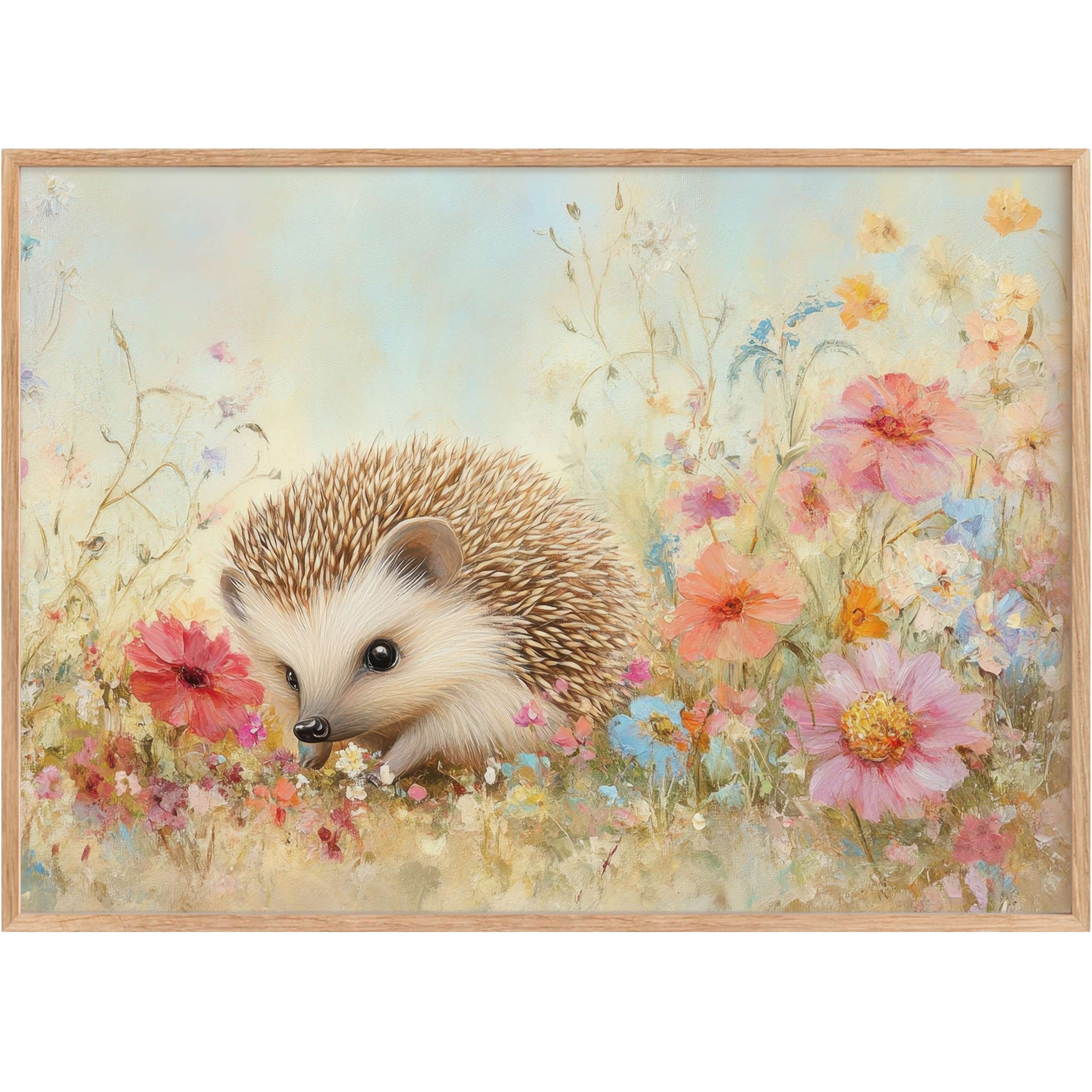 Adorable nursery printable wall art featuring a delicate hedgehog amidst pastel blossoms, evoking a serene, dreamy atmosphere