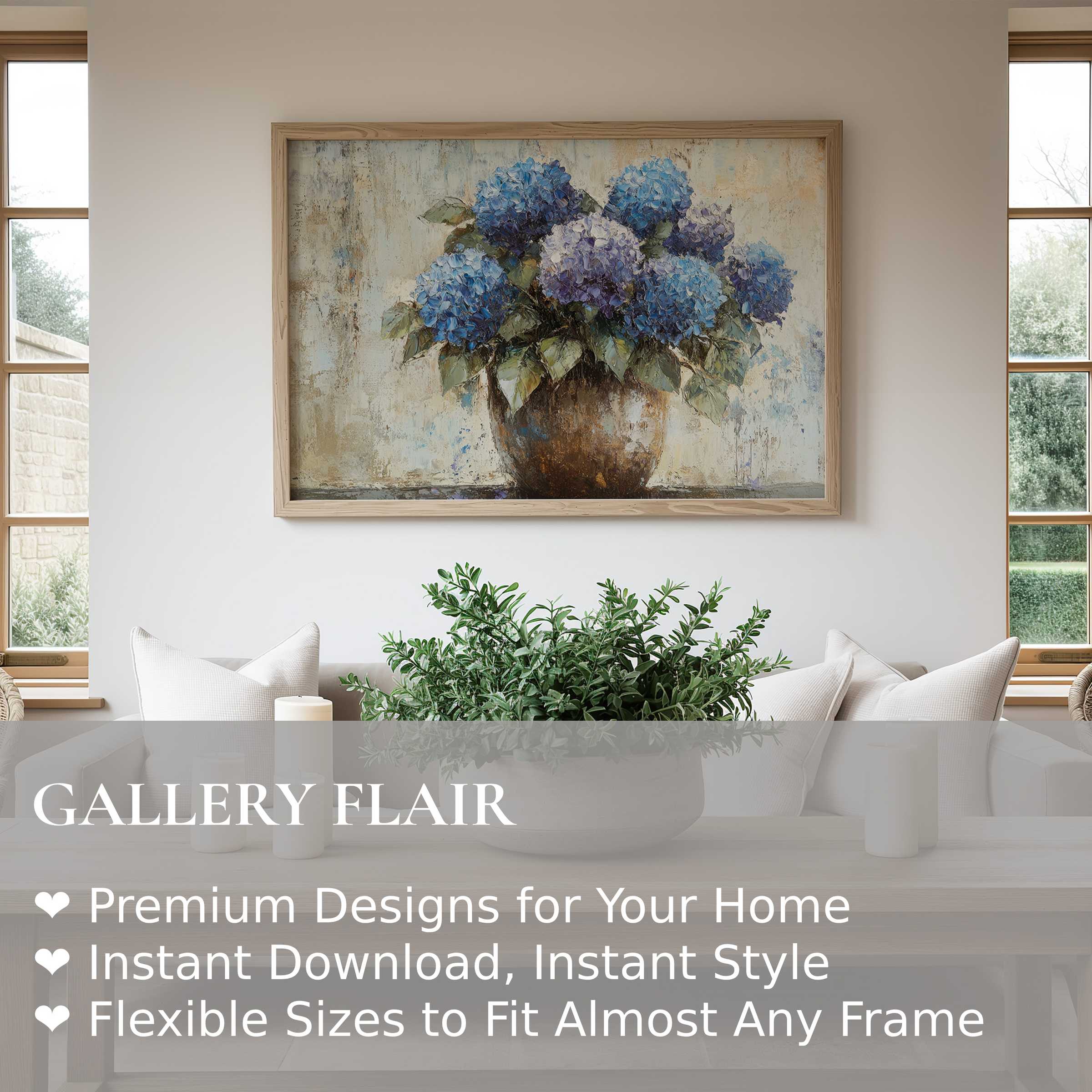 Floral wall art print with vibrant blue hydrangeas in rustic vase, enhancing serene, modern farmhouse interiors with timeless elegance