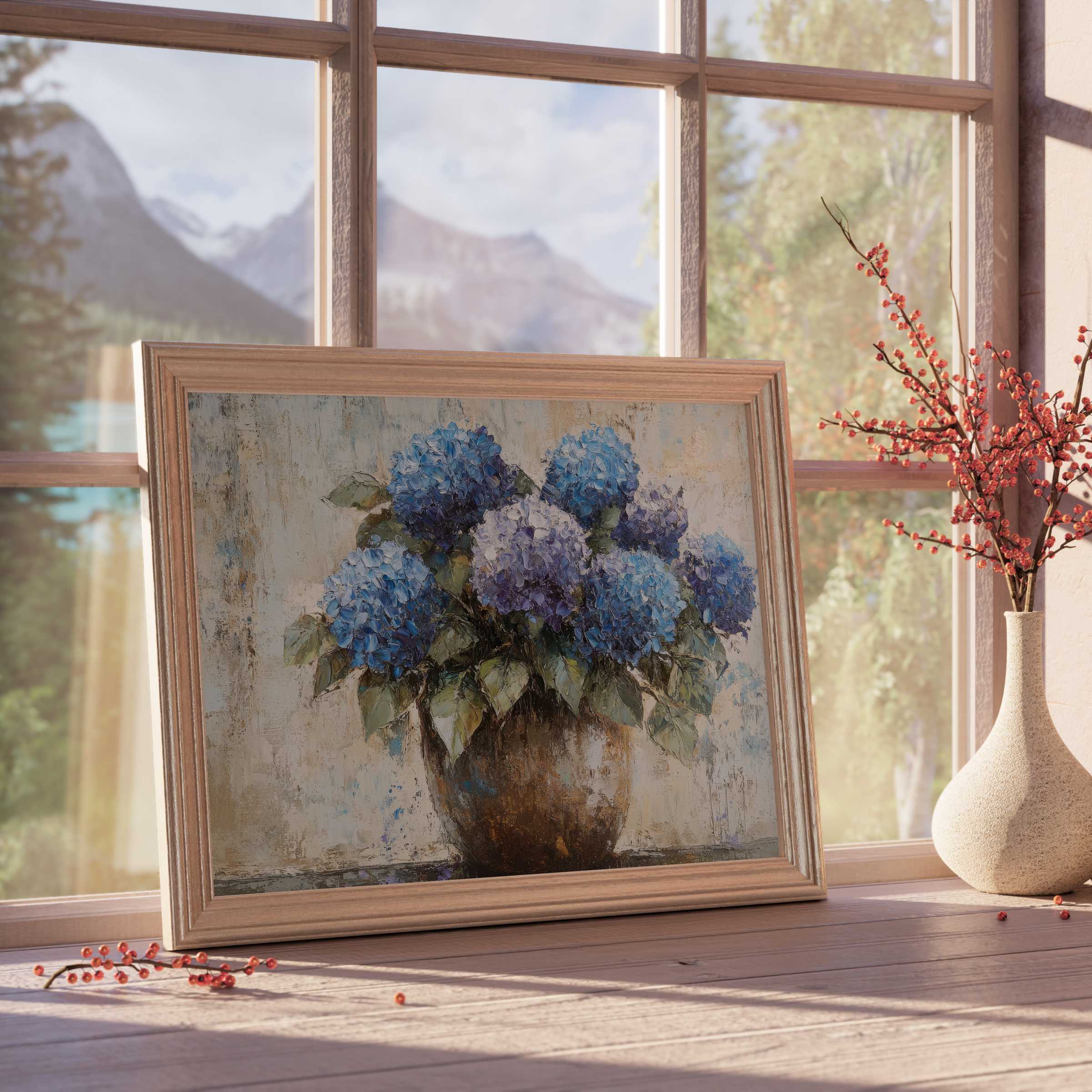 Floral downloadable art featuring serene blue hydrangeas in rustic pot, enhancing tranquil, curated interiors with timeless elegance