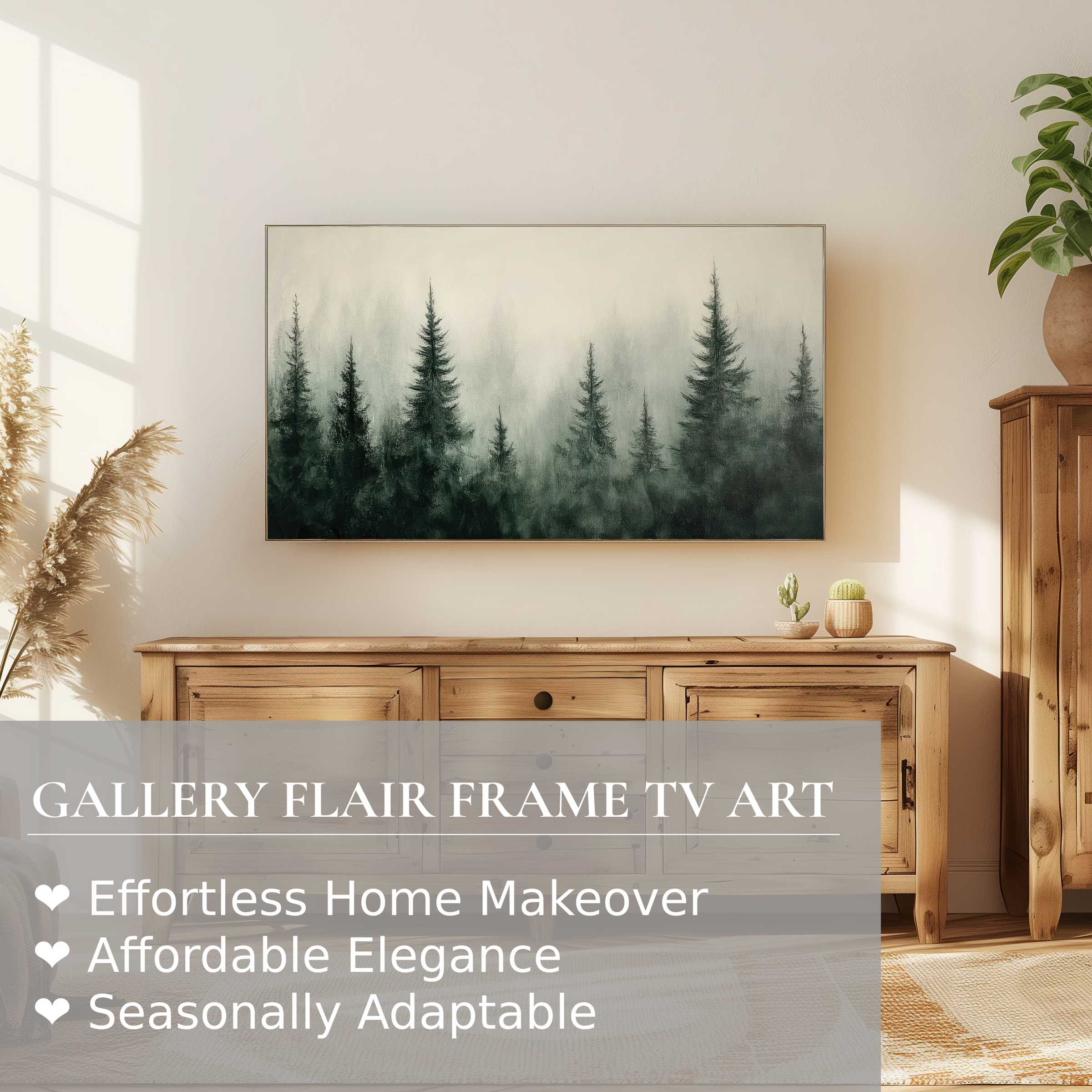 Modern serene pine tree digital artwork displayed on Samsung Frame TV, enhancing warm, elegant home decor