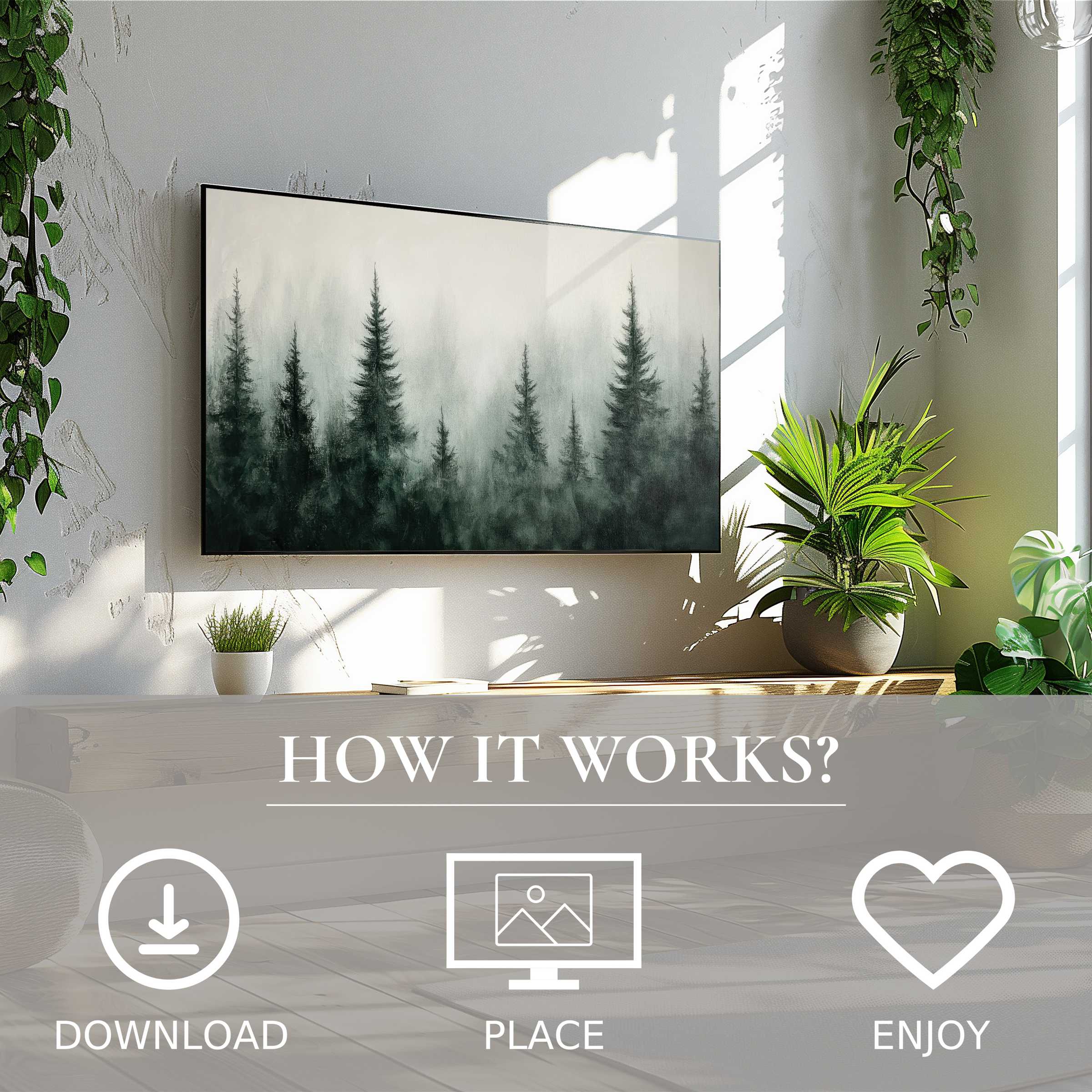 Tree art for Samsung TV shows misty pine forest motif in soft grayscale tones, easy digital download enriches modern spaces