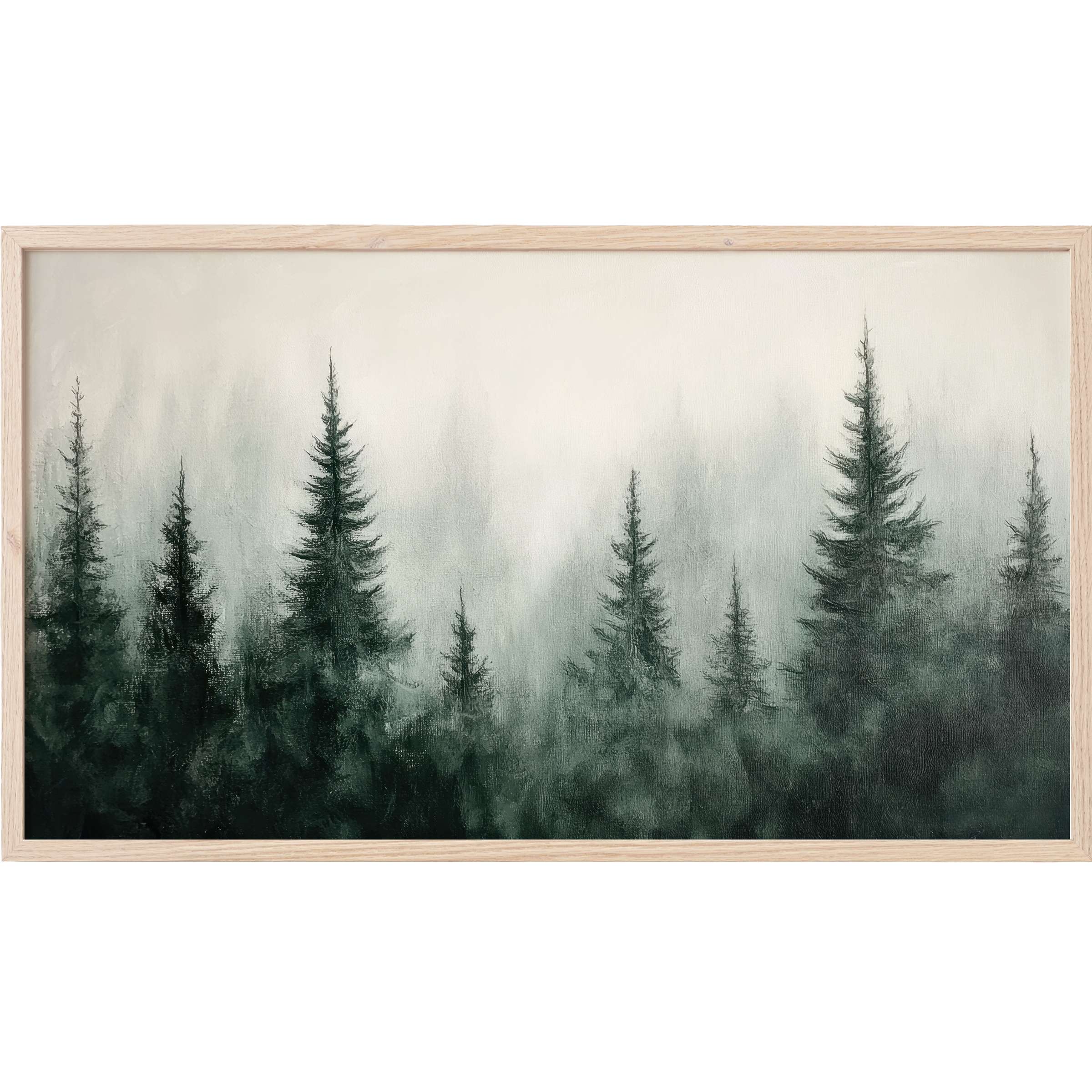 Elegant misty forest painting in muted greens and grays, framed in light wood for refined tree Frame TV Art