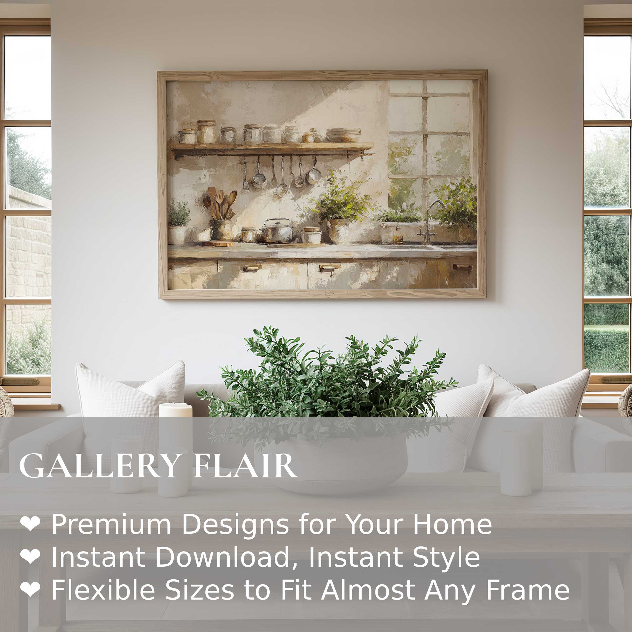 Farmhouse wall art print featuring a radiant, serene kitchen scene with rustic utensils and greenery, enhancing modern farmhouse decor