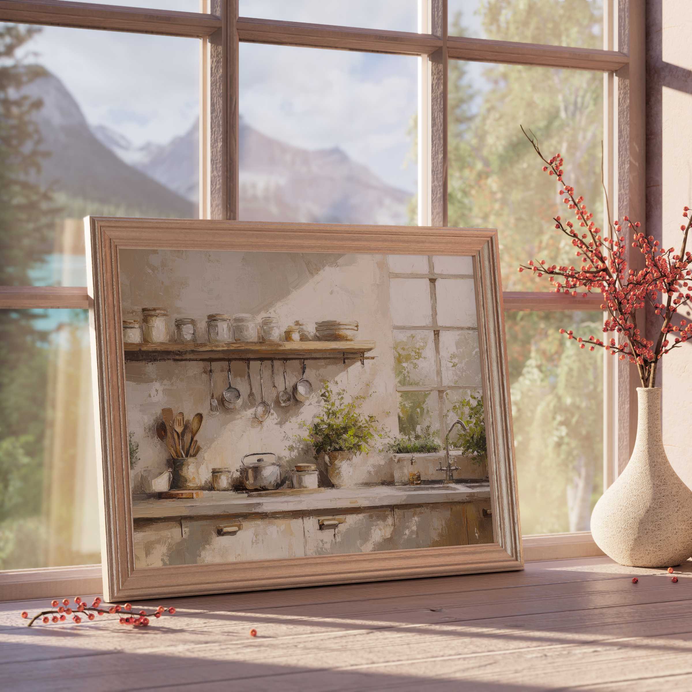 Farmhouse downloadable art capturing serene kitchen charm with natural light, rustic elegance, and handcrafted decor accents