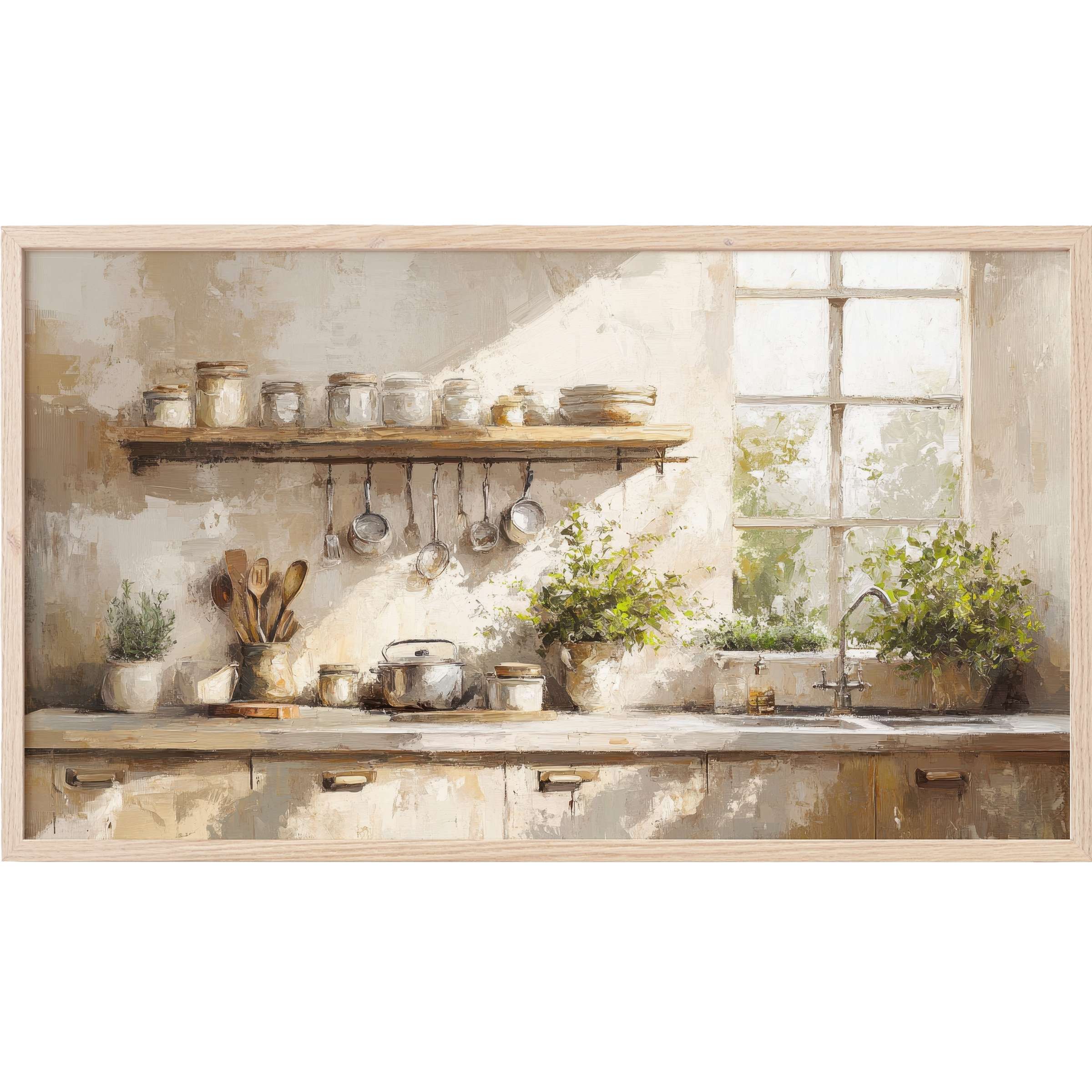 Farmhouse Frame TV Art with soft neutrals, sunlit kitchen scene, rustic jars, utensils, and lush greenery in painterly style