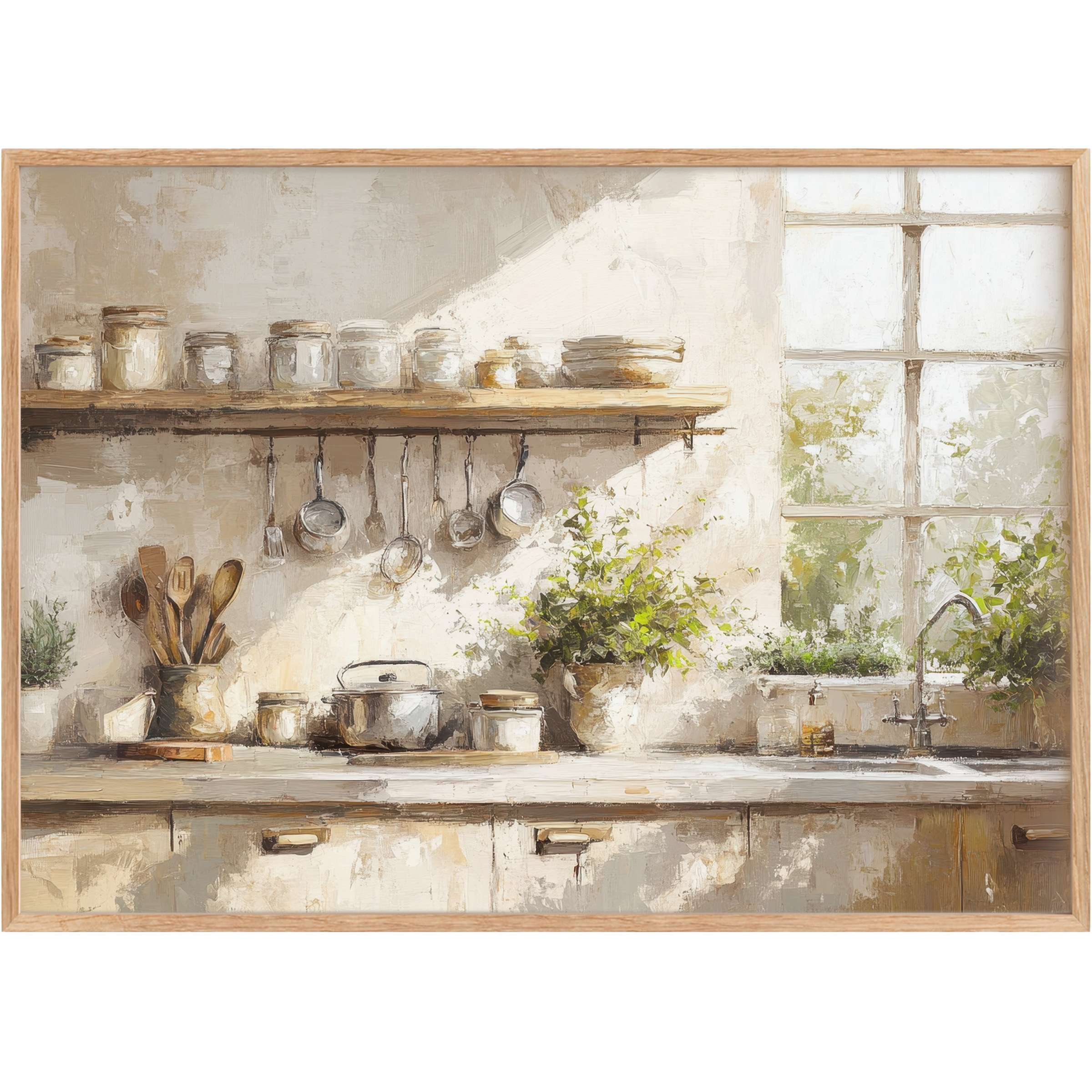 Serene farmhouse printable wall art bathed in soft beige and green hues, evoking warmth and timeless rustic charm