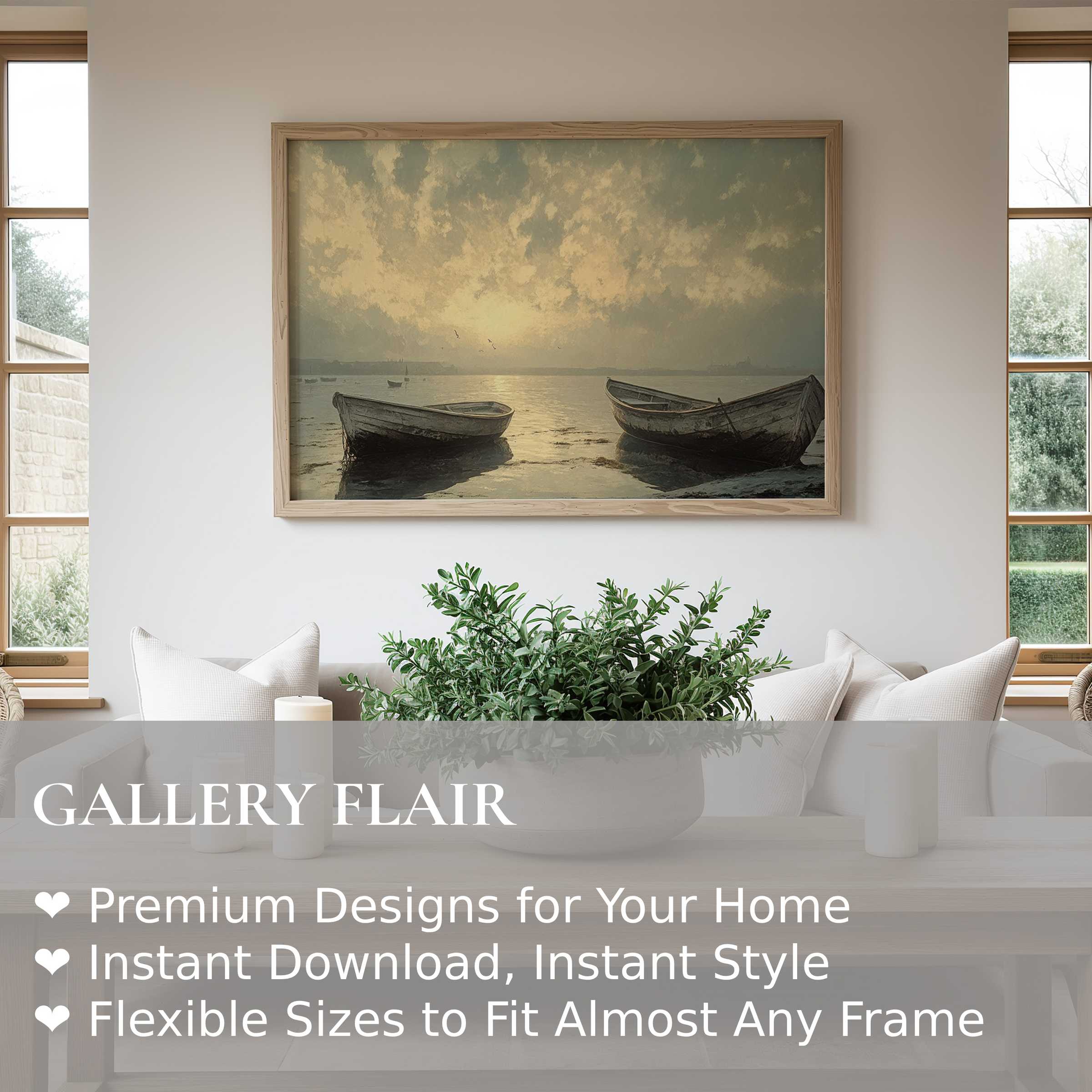 Serene beach wall art print with vintage rowboats at dusk, radiating calm and timeless elegance in a modern coastal living space