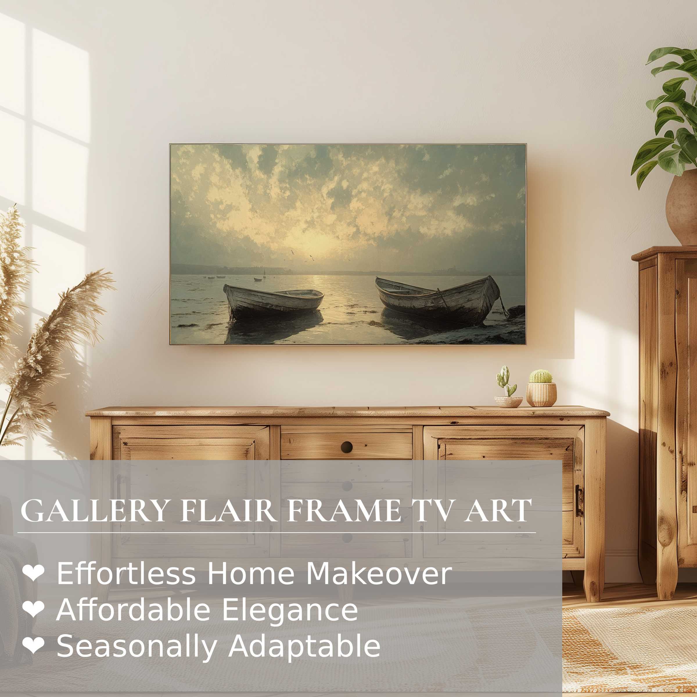Samsung Frame TV displaying serene beach digital artwork with muted colors in a stylish modern living room