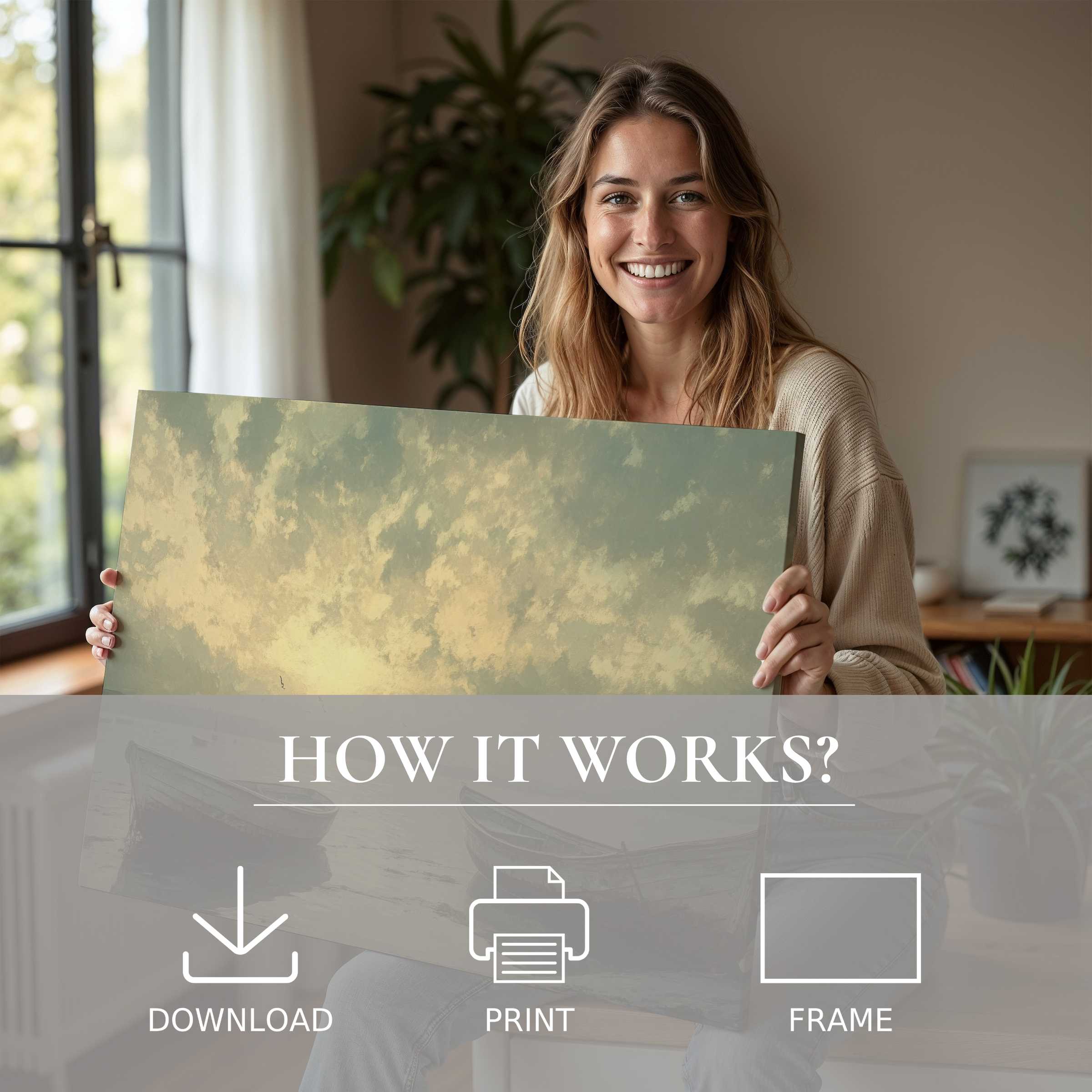 Elegant beach digital art print evokes serene joy in a modern home, celebrating effortless connection through art