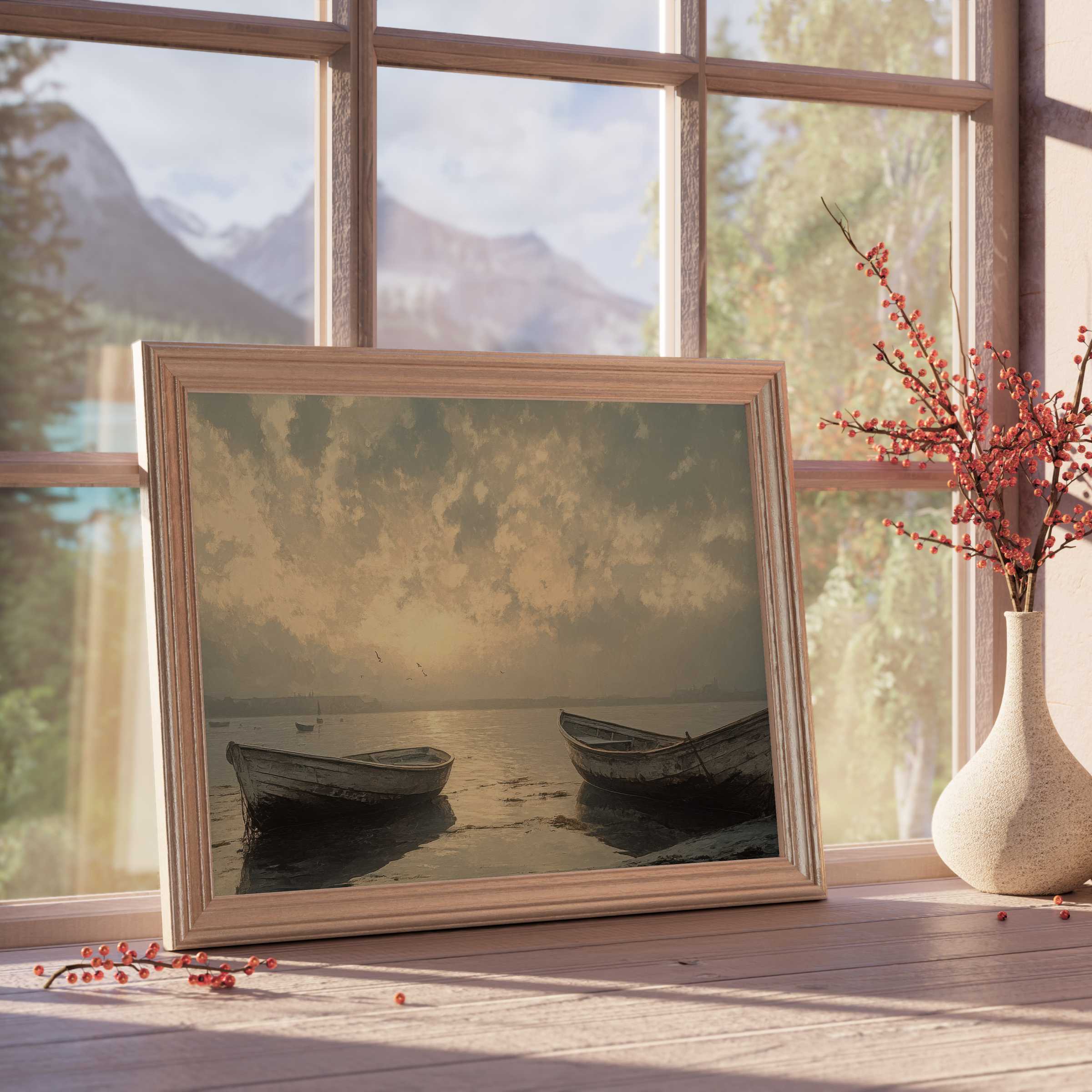 Serene beach downloadable art capturing tranquil boats at dusk, perfect for elevating refined coastal and minimalist interiors