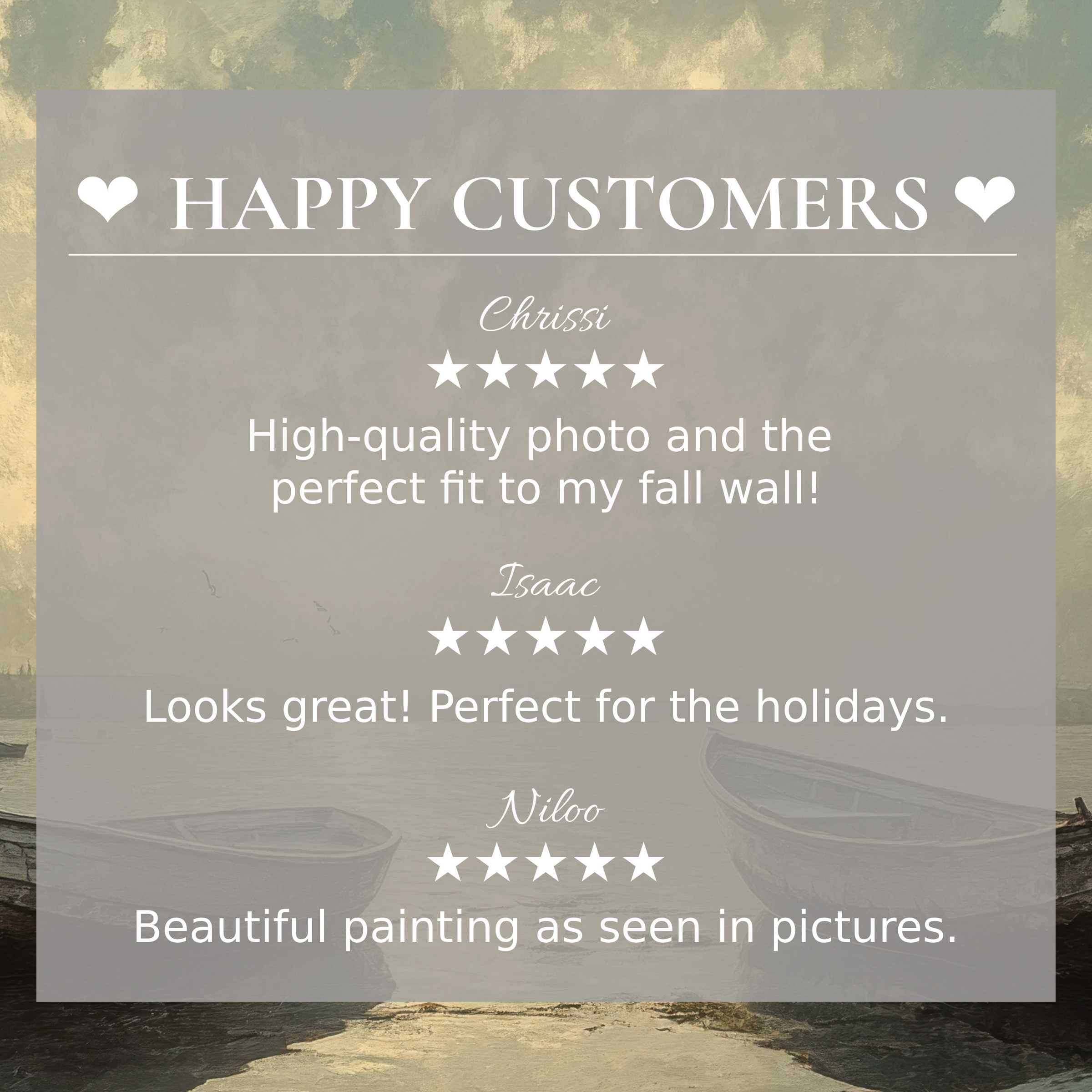 Beach art for Frame TV with abstract sunset hues, showcasing happy customer reviews and elegant, trust-building design