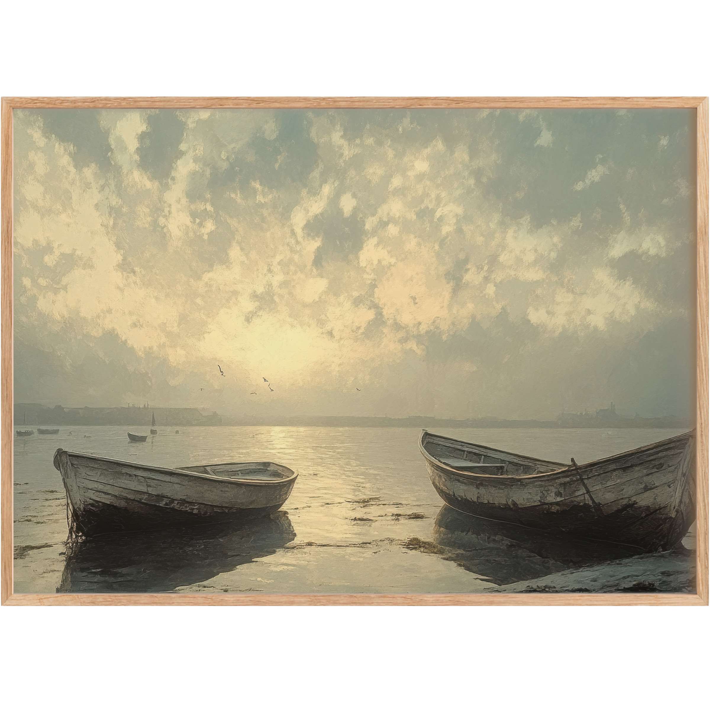 Serene beach printable wall art capturing soft morning light in muted grays and golds, evoking calm and timeless elegance