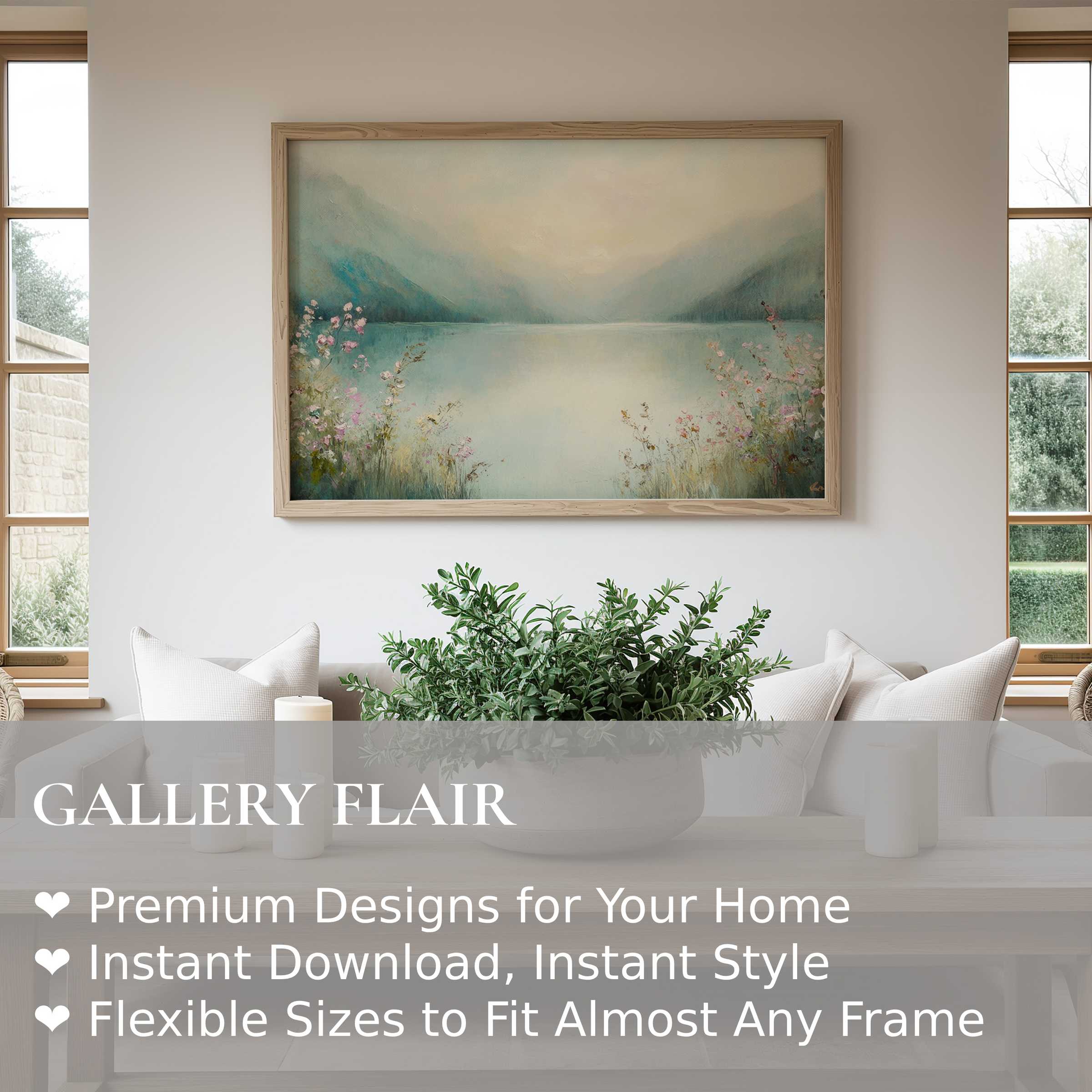 Serene summer wall art print capturing misty mountains and delicate wildflowers, enhancing modern minimalist interiors with calming elegance