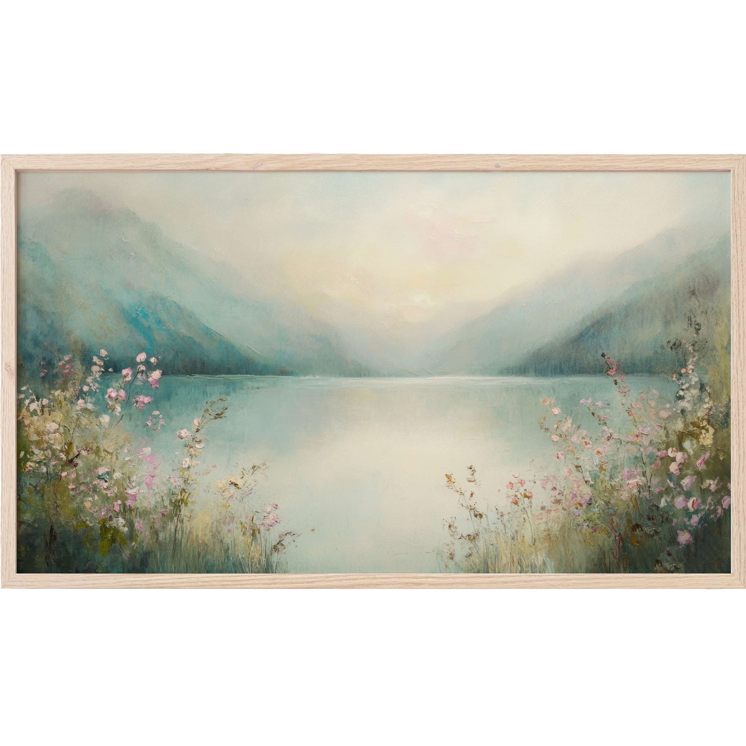 Serene lake landscape with soft pastels and delicate florals, embodying timeless elegance - summer Frame TV Art