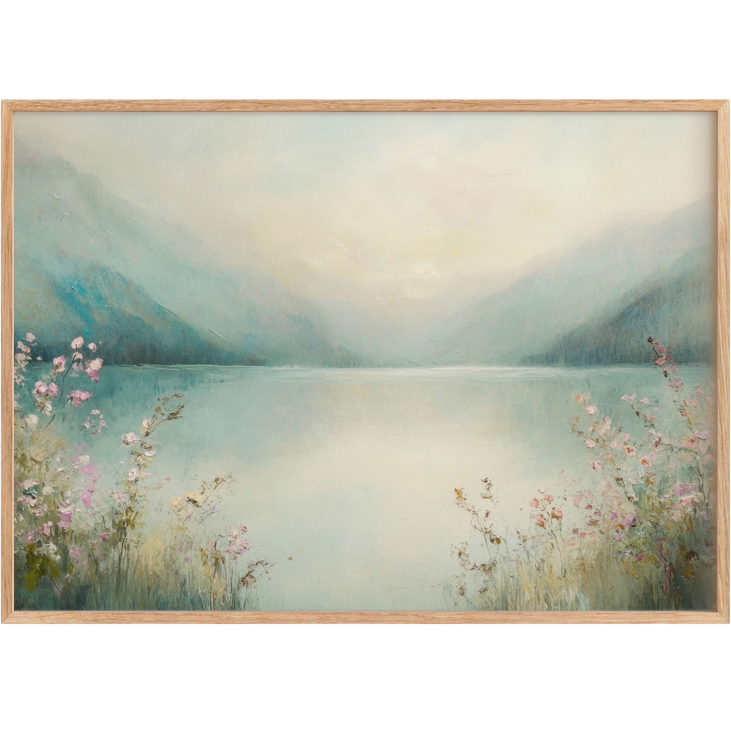 Serene summer printable wall art featuring misty blue mountains and delicate pink wildflowers, evoking peaceful, elegant tranquility