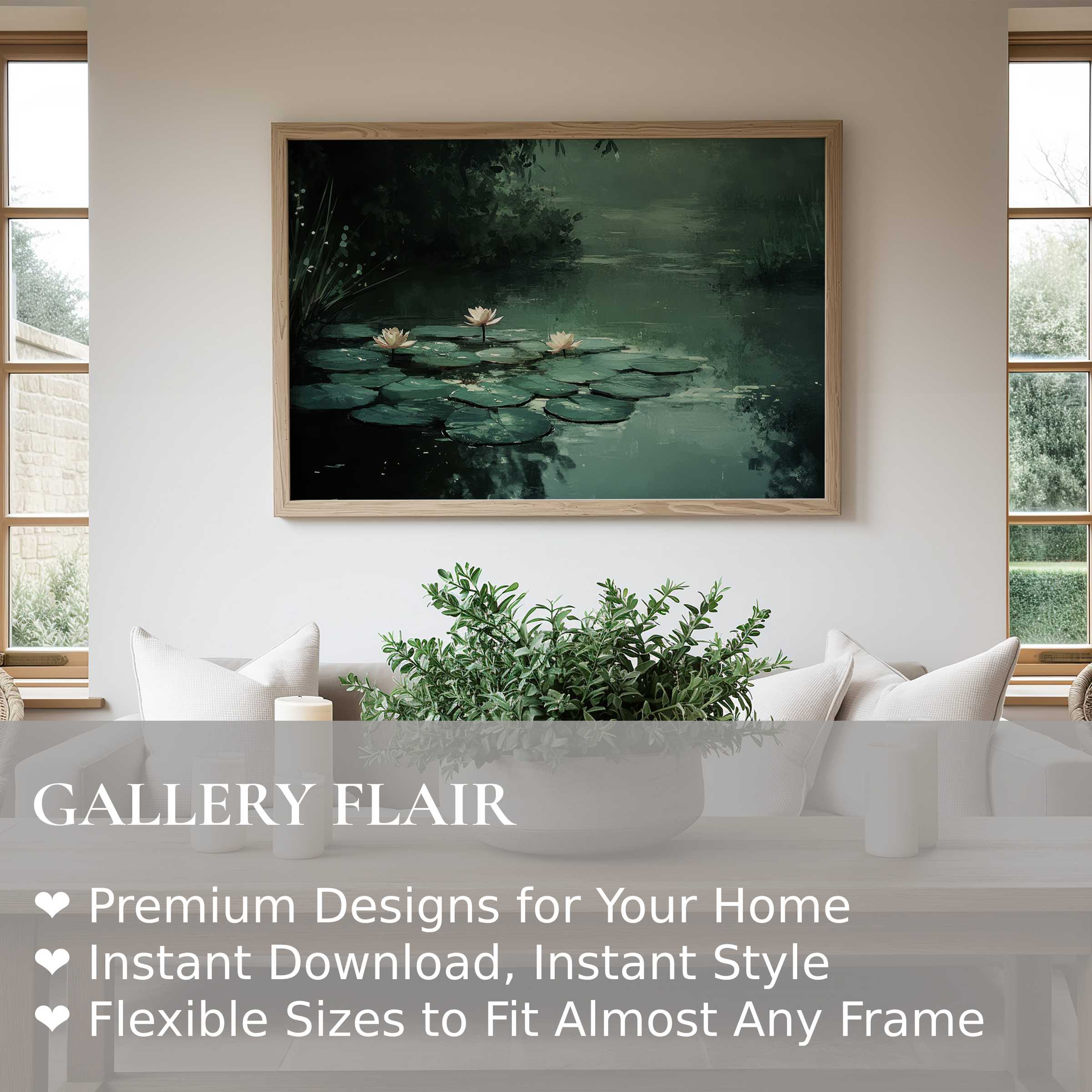 Botanical wall art print featuring serene water lilies on deep green lake, elevating modern minimalist interiors with calming nature elegance
