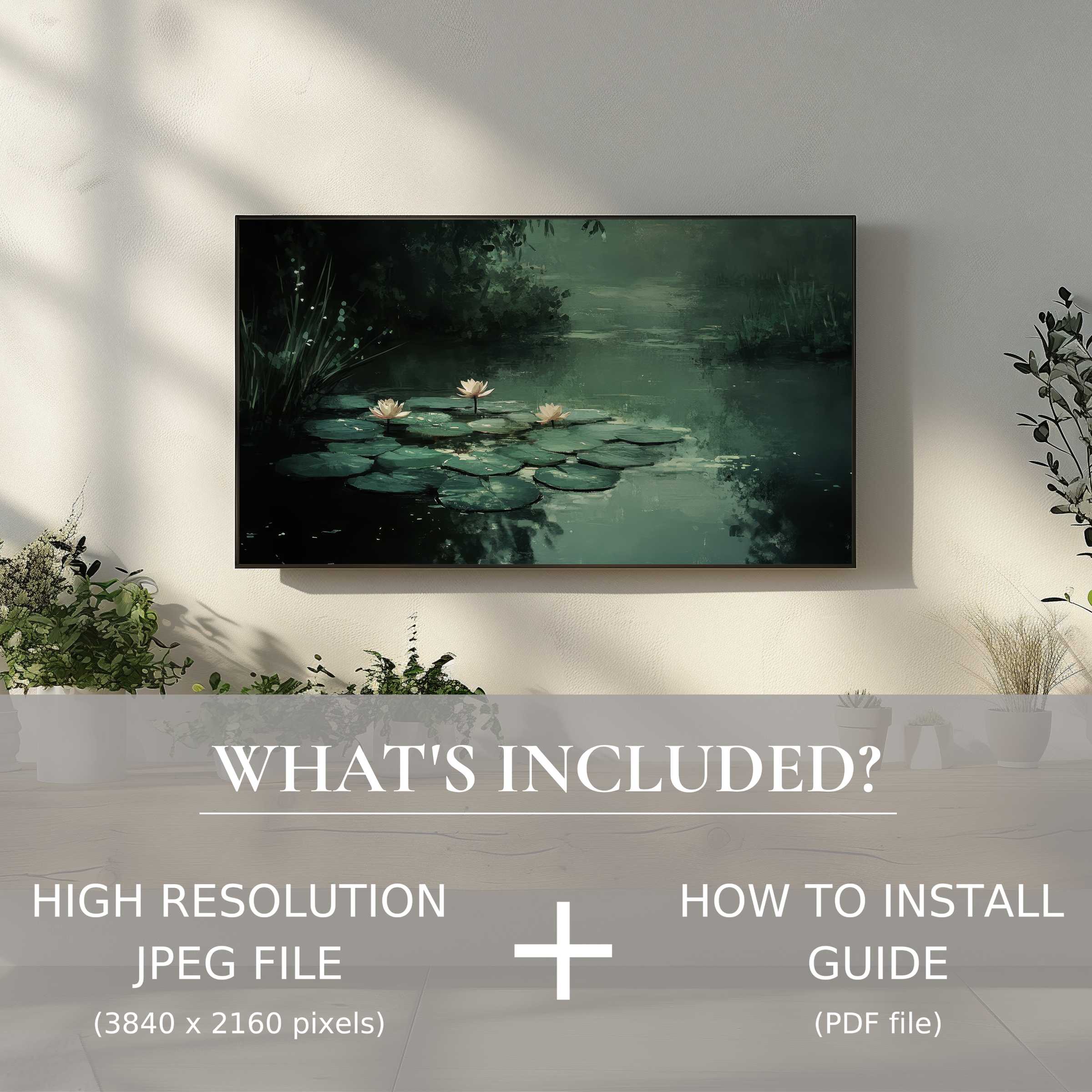 Elegant botanical digital TV art download featuring serene lily pads, enhancing living spaces with easy digital use