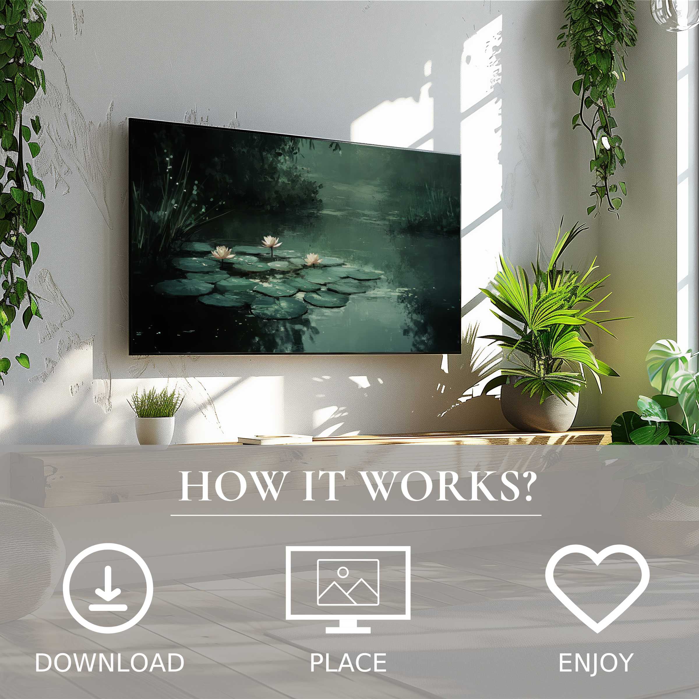 Botanical art for Samsung TV shows serene lily pads in deep green hues, easy digital download enriches any modern living space