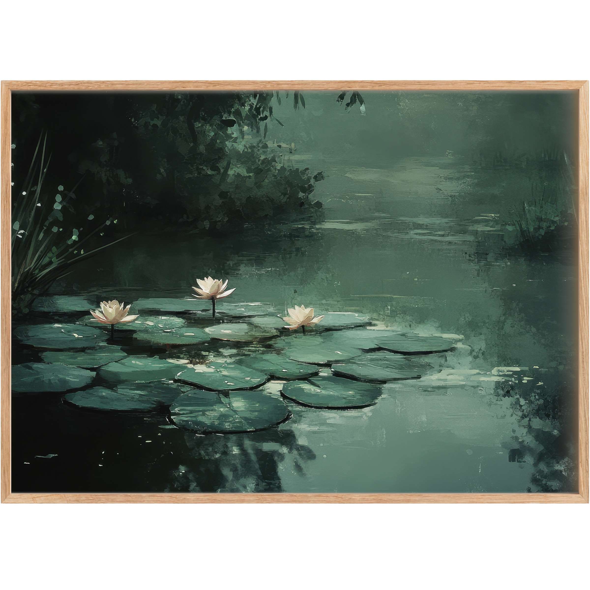 Botanical printable wall art capturing serene lily pads and soft white blooms, evoking tranquil, timeless elegance