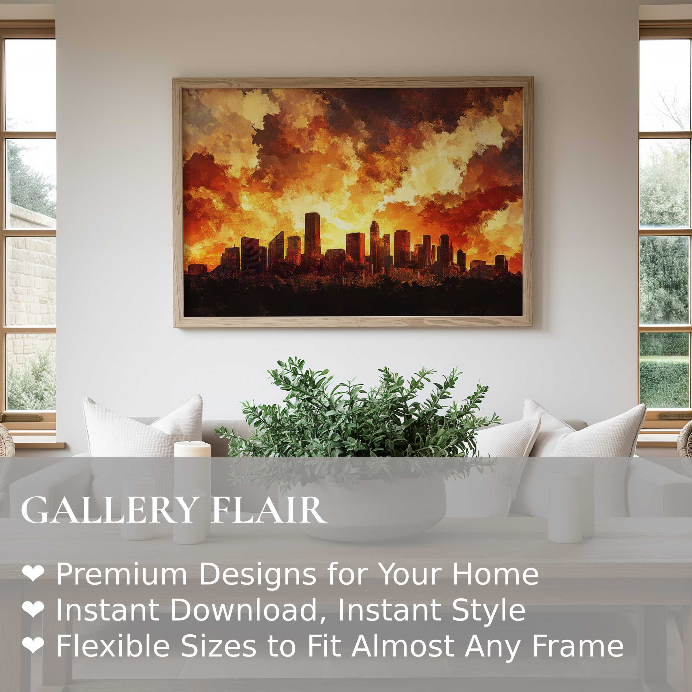 Fiery urban art wall art print capturing a vibrant city skyline at sunset, adding bold, modern elegance to minimalist interiors