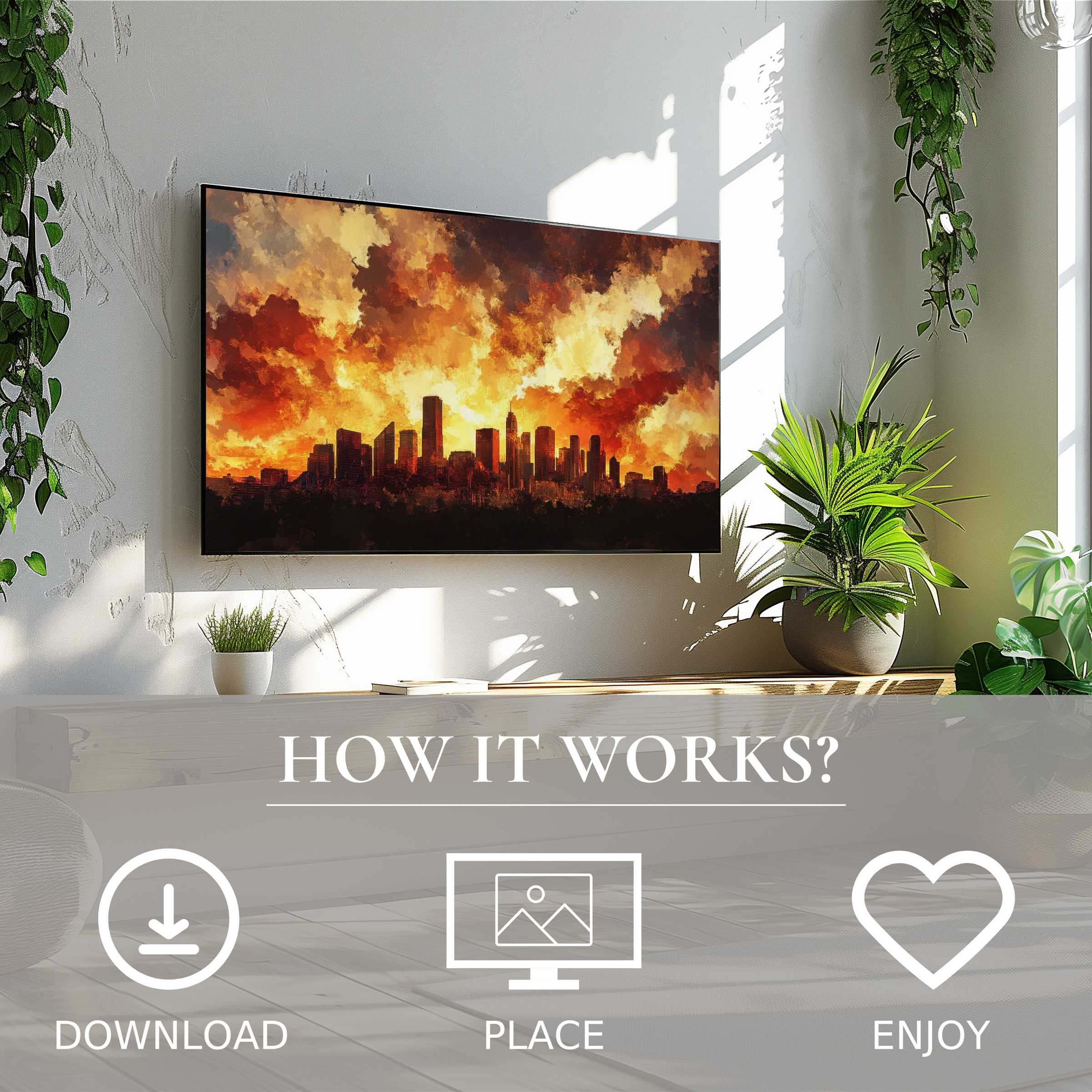 Urban art for Samsung TV showing fiery sunset cityscape, easy digital download enhances modern living with vibrant ambiance