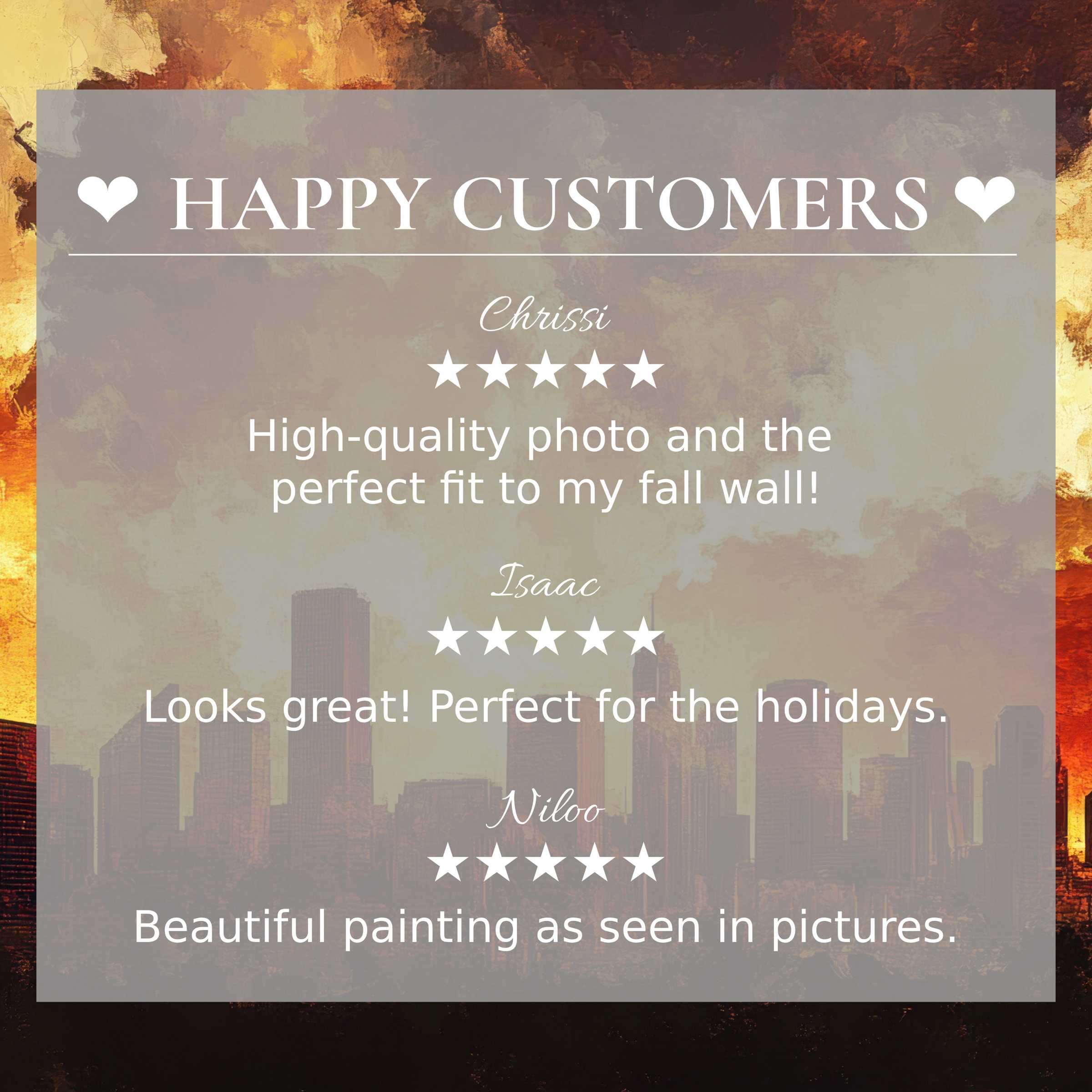 Urban art for Frame TV with abstract sunset tones, showcasing happy customer reviews and elegant design trust