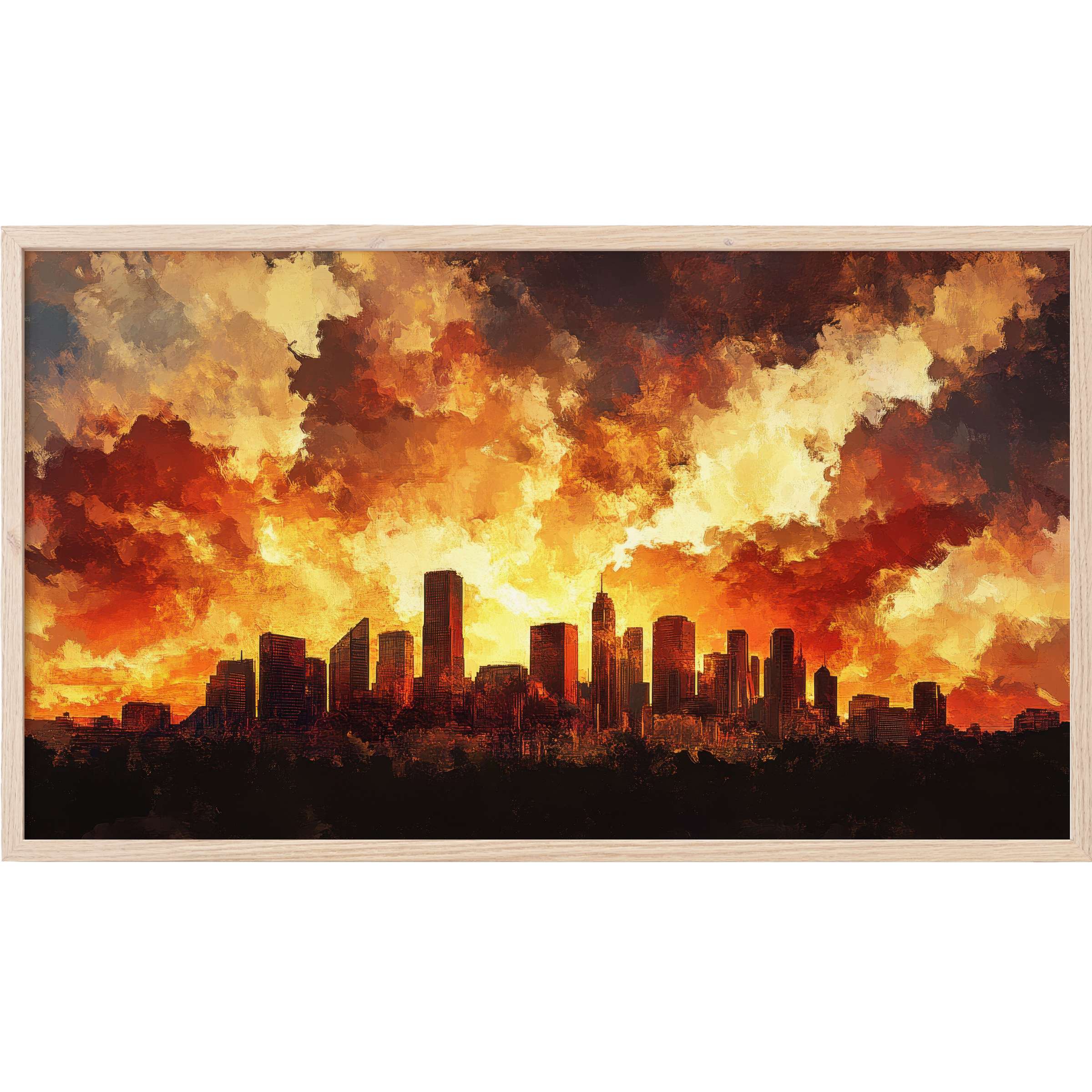 Urban Frame TV Art depicts a fiery city skyline at sunset with rich oranges and deep shadows in a modern style