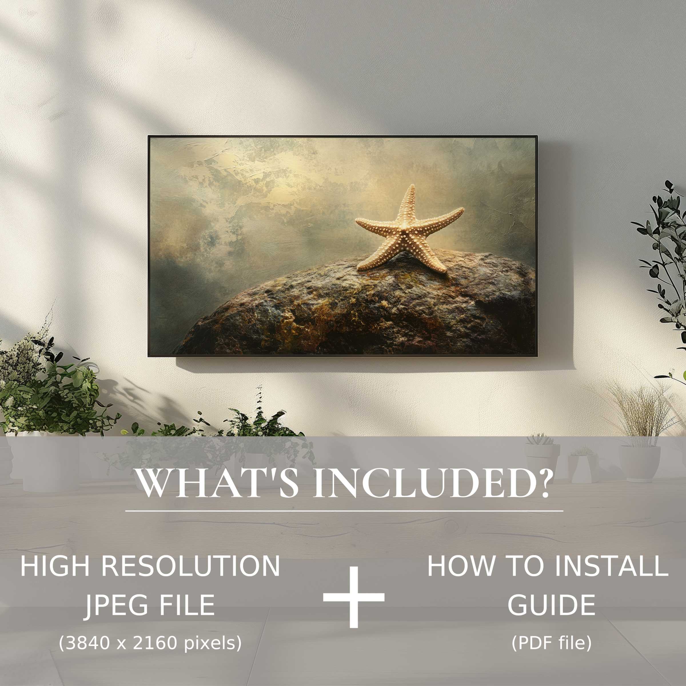 Elegant coastal digital TV art download with starfish enhances living space, easy digital use, and modern style decor