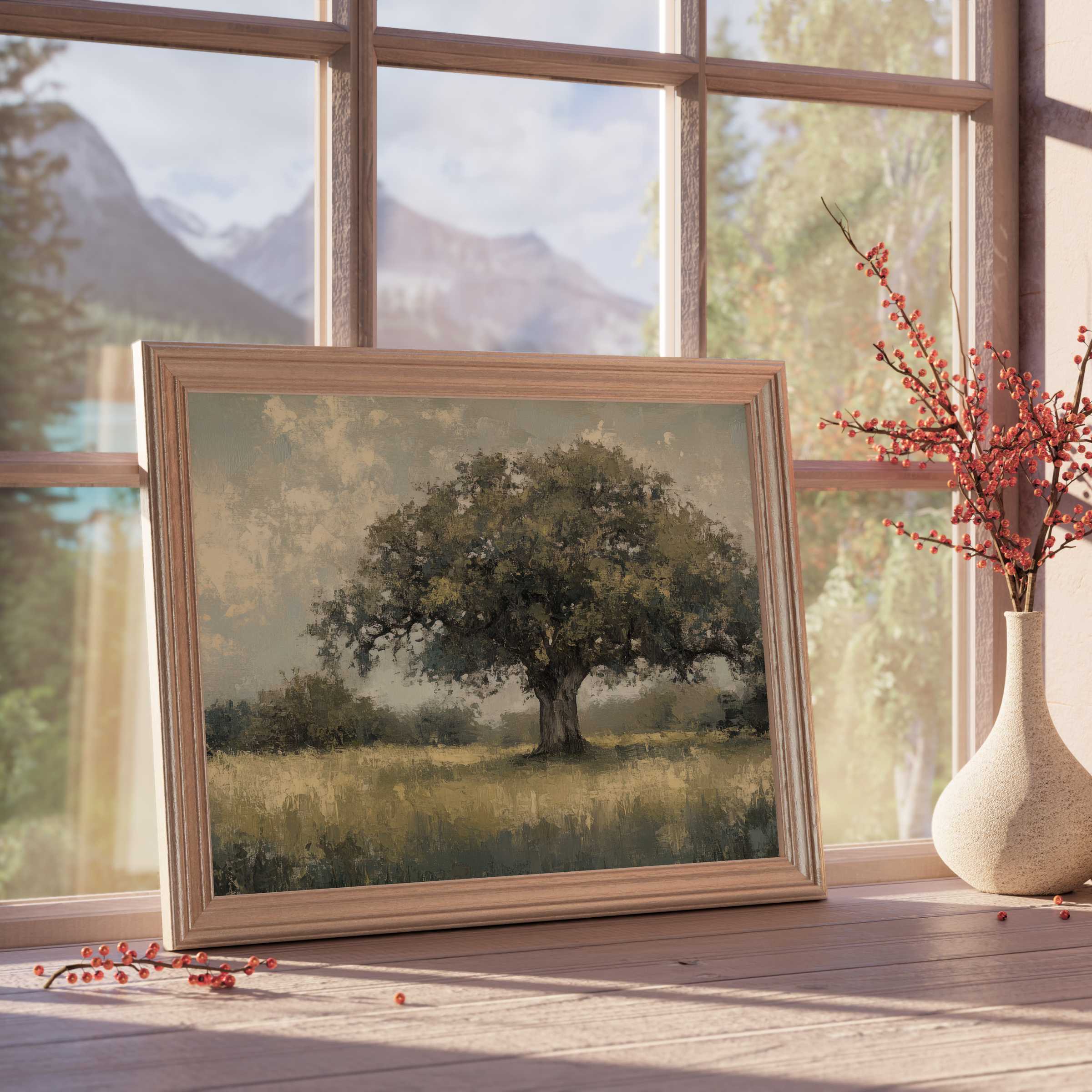 Vintage downloadable art of a majestic oak tree bathed in warm natural light, elevating serene, design-forward interiors with timeless charm