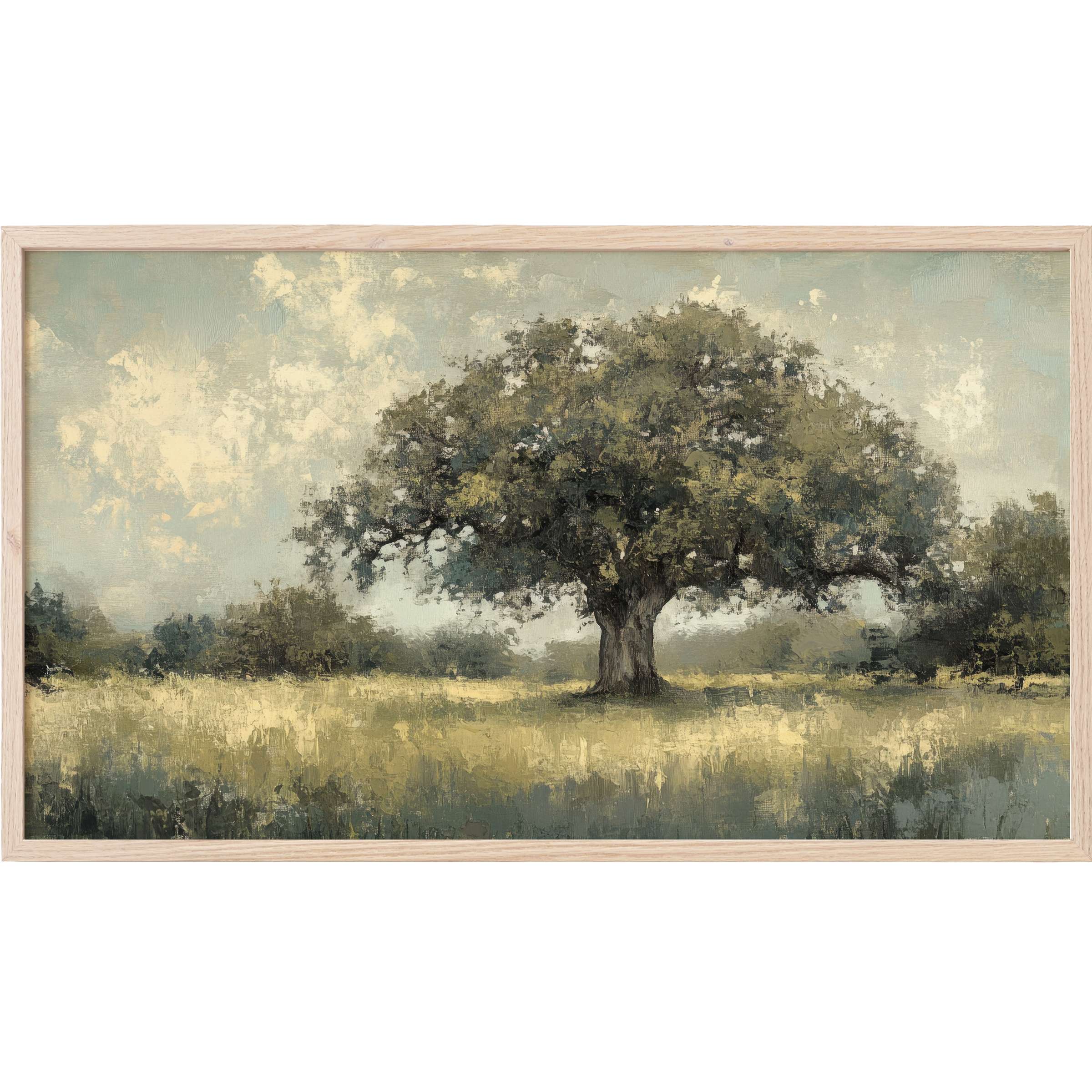 Serene oak tree in muted greens and soft blues, textured brushstrokes evoke timeless elegance vintage Frame TV Art