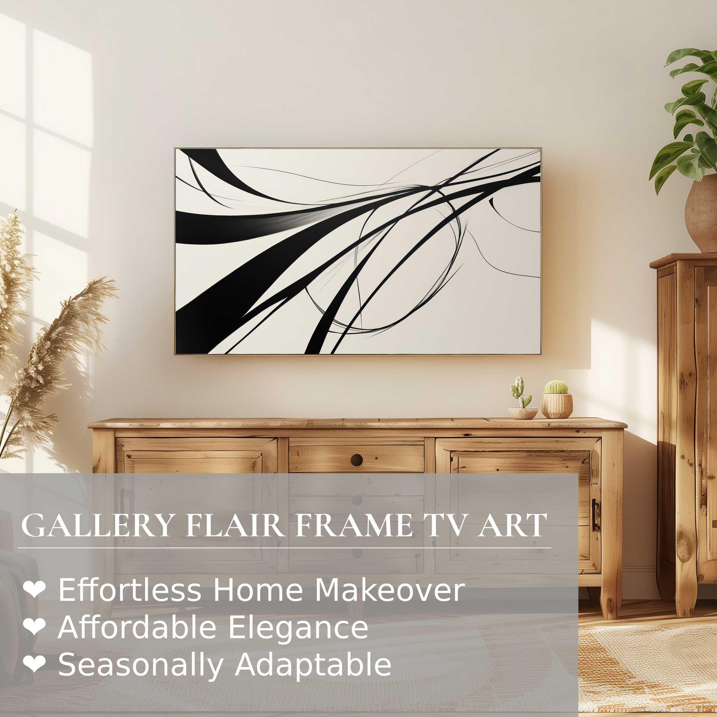 Samsung Frame TV displaying modern digital artwork with fluid black lines in a warm, minimalist living room setting