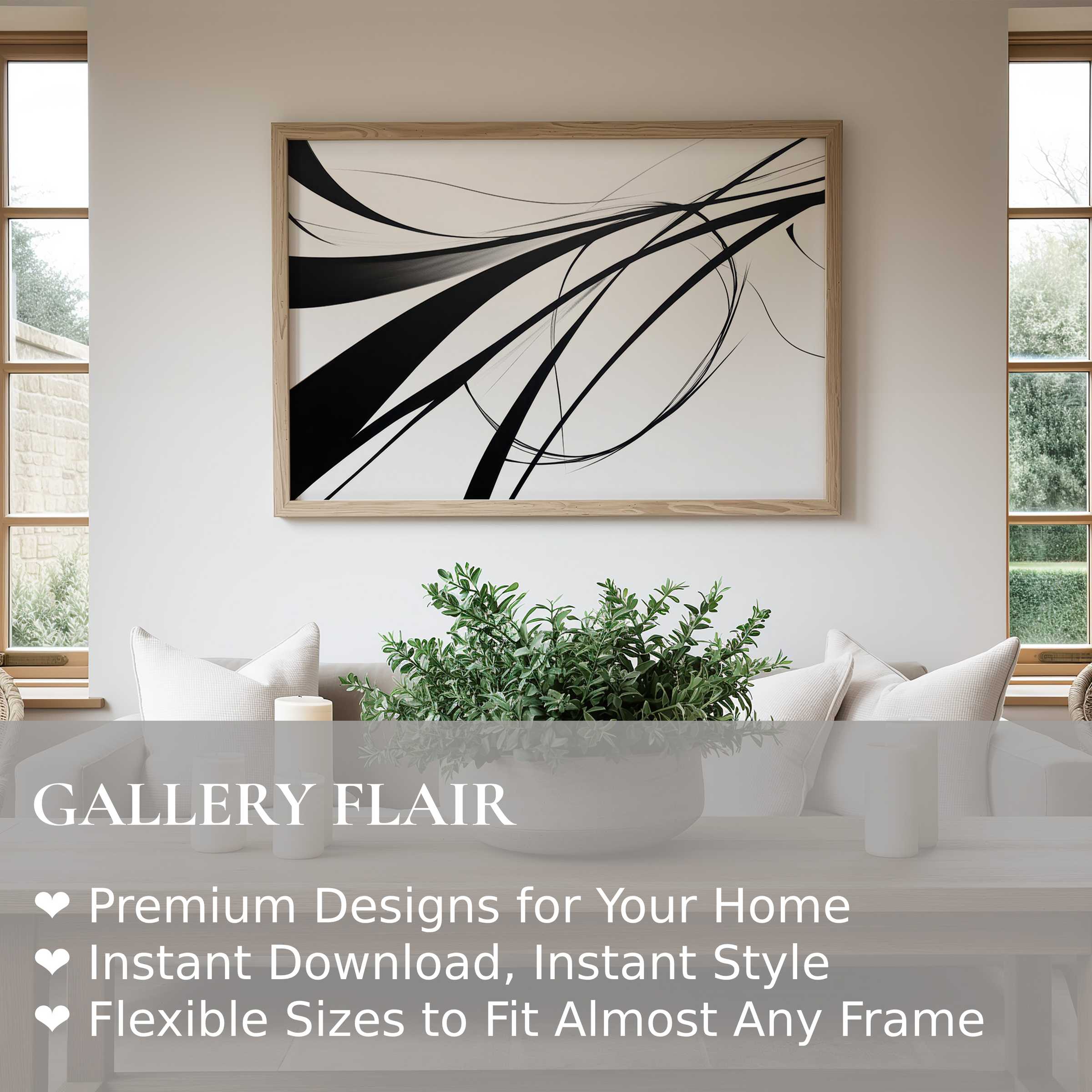 Modern wall art print featuring dynamic black strokes and fluid lines, enhancing serene, minimalist interiors with bold, contemporary elegance