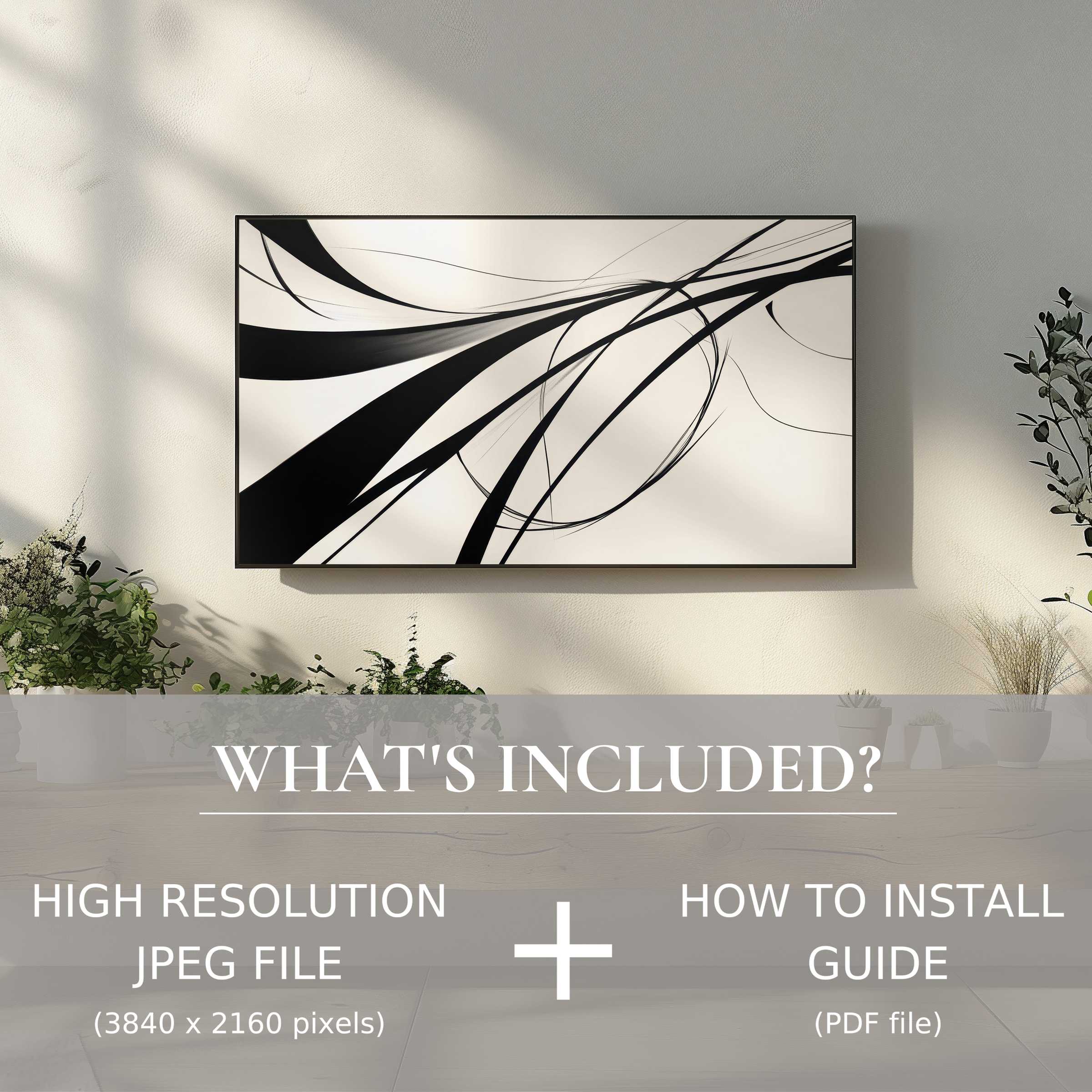 Modern digital TV art download with easy use, enhancing any living space with elegant abstract black lines and style