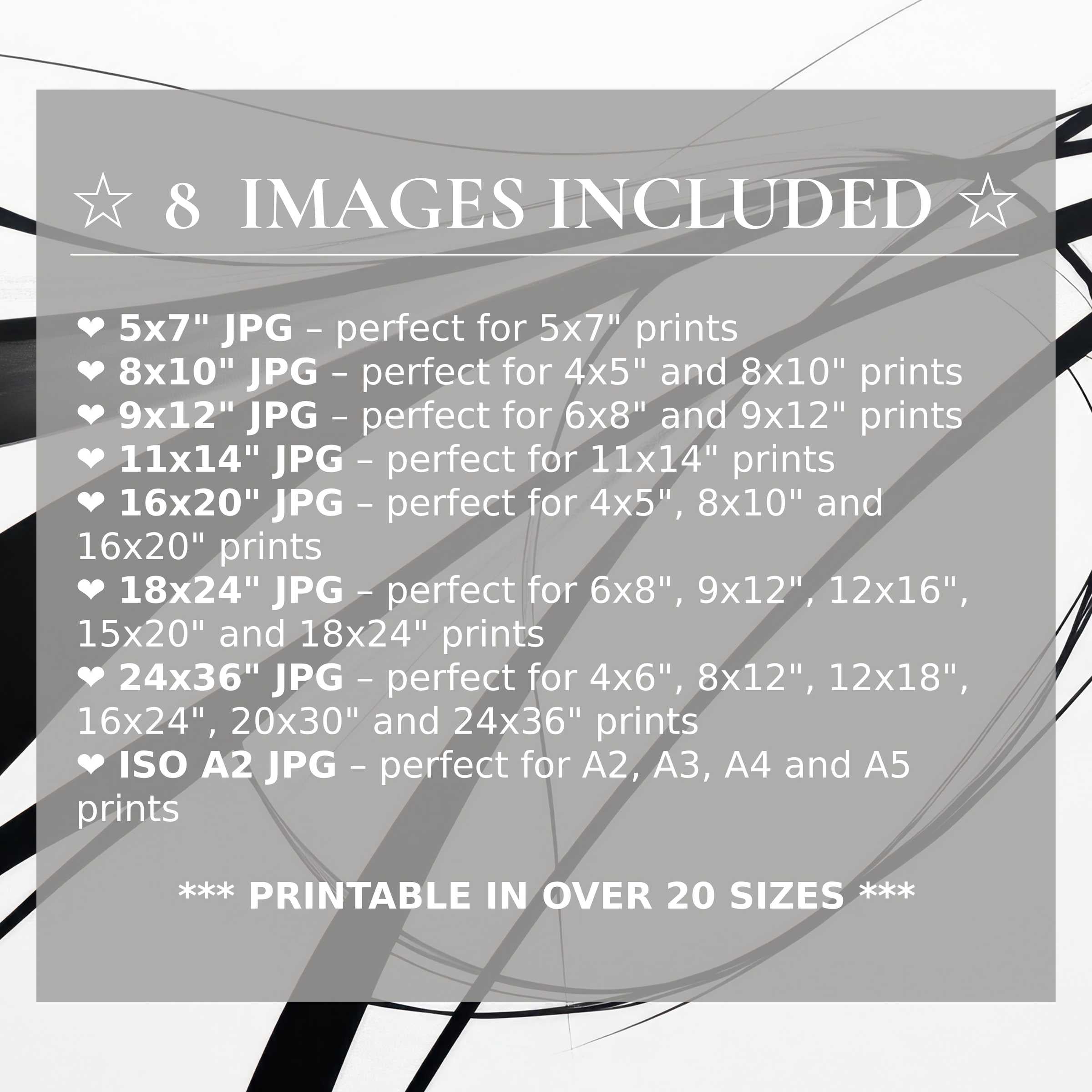 Modern digital print with bold black and soft gray strokes on white, radiating refined style and calm; includes 8 high-quality sizes