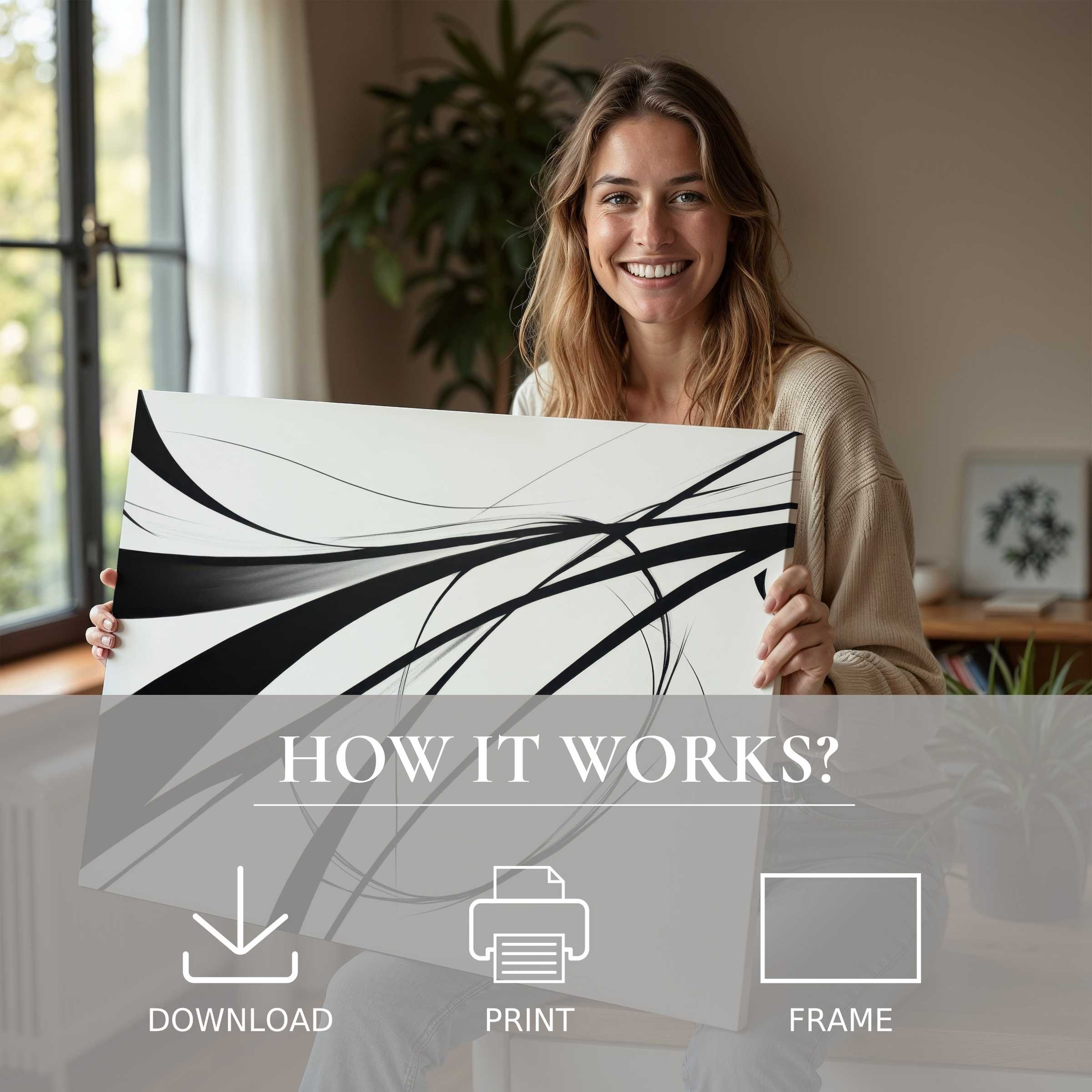 Radiant joy in a modern, stylish home as serene black-and-white abstract lines transform living spaces with a modern digital art print